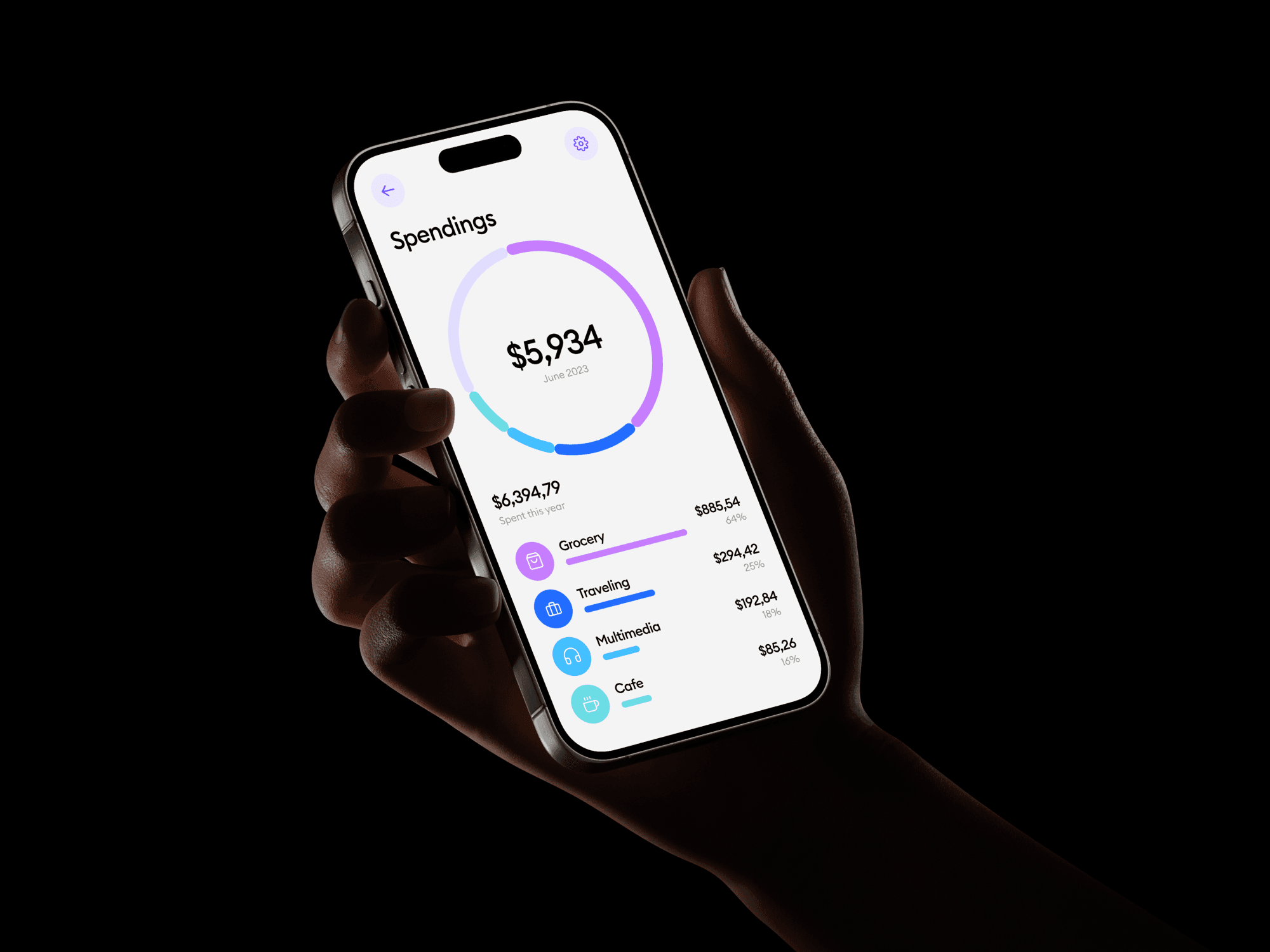 Hand holding a smartphone with a modern black and white interface, angled slightly towards the viewer