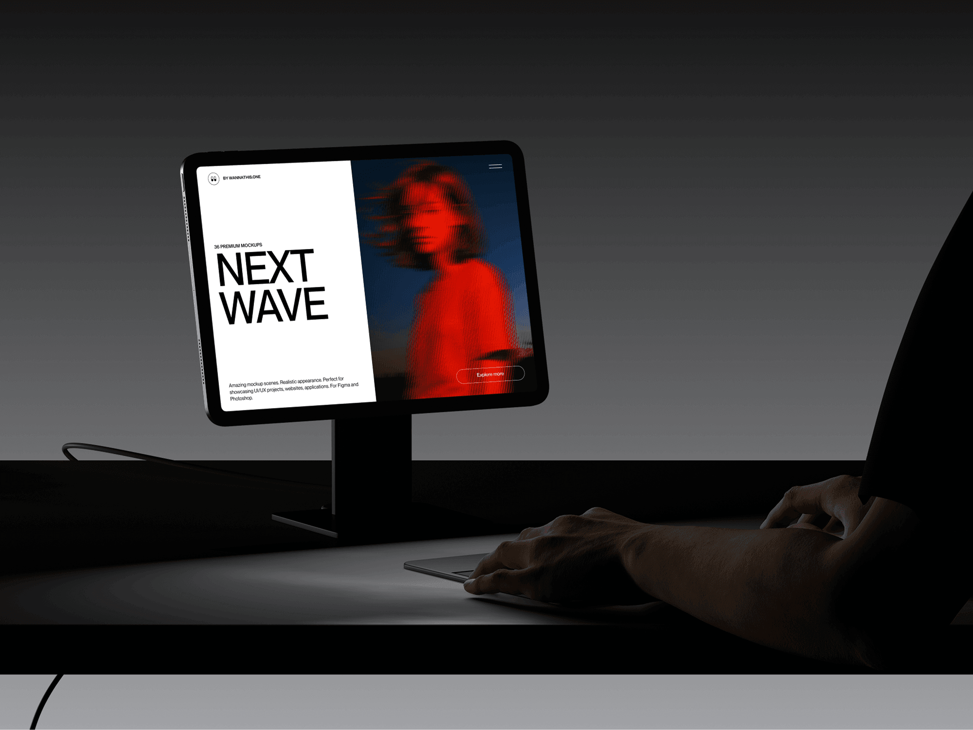 iPad placed on a desk stand with a dark minimal environment