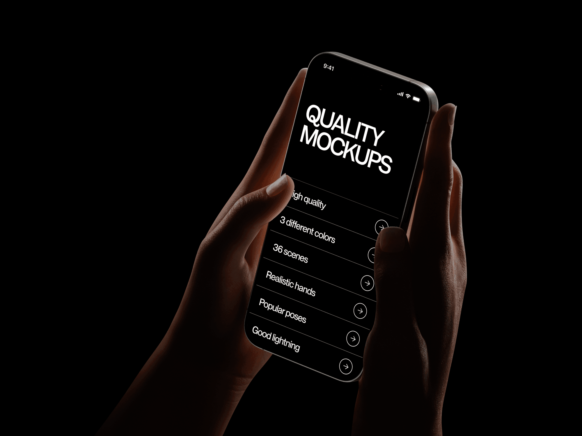 iPhone mockup held in hands with dramatic lighting on a dark background