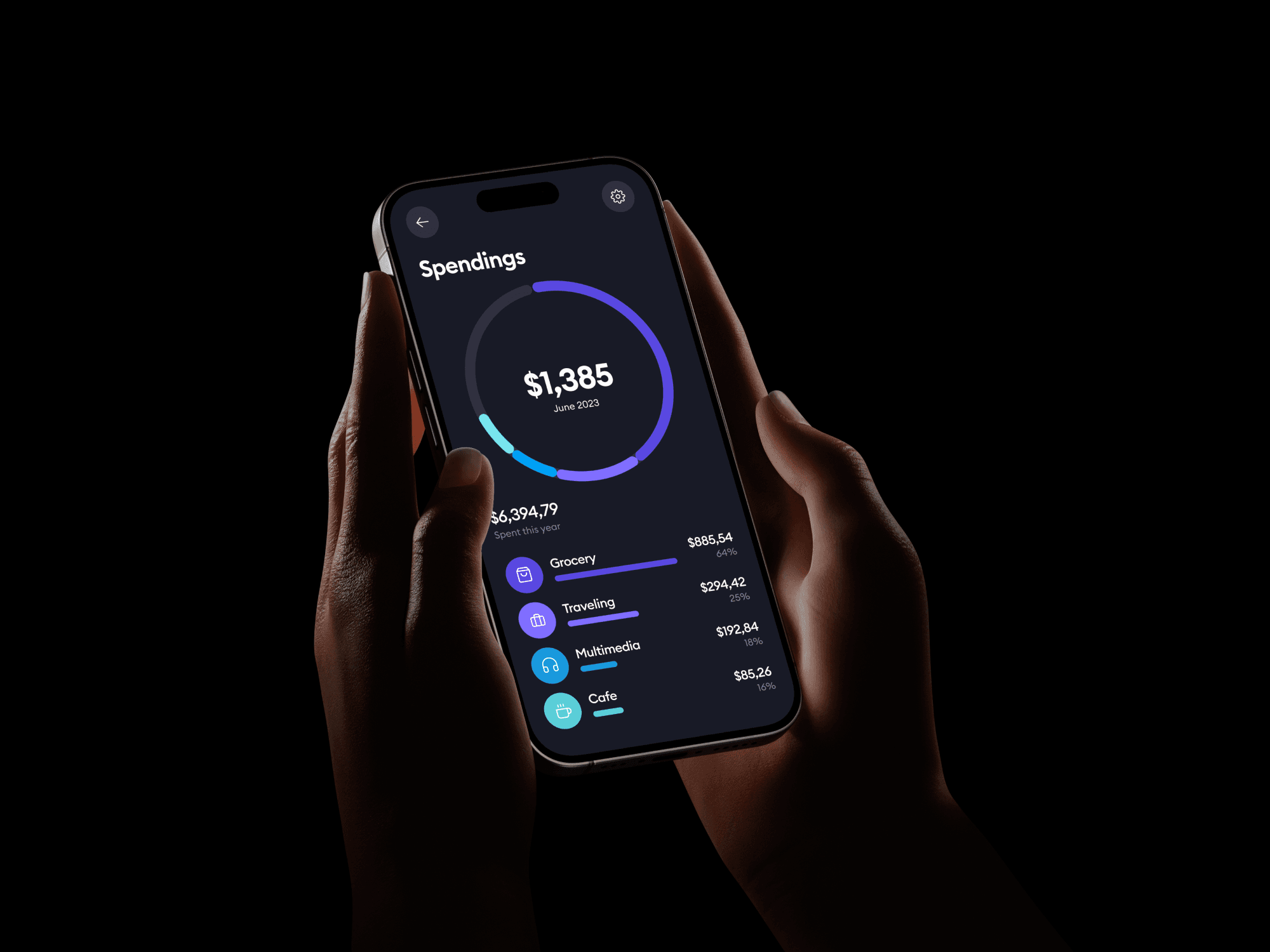 Close-up iPhone mockup in hand against a dark background. Ideal for app screens, interface demos, and mobile UI designs.