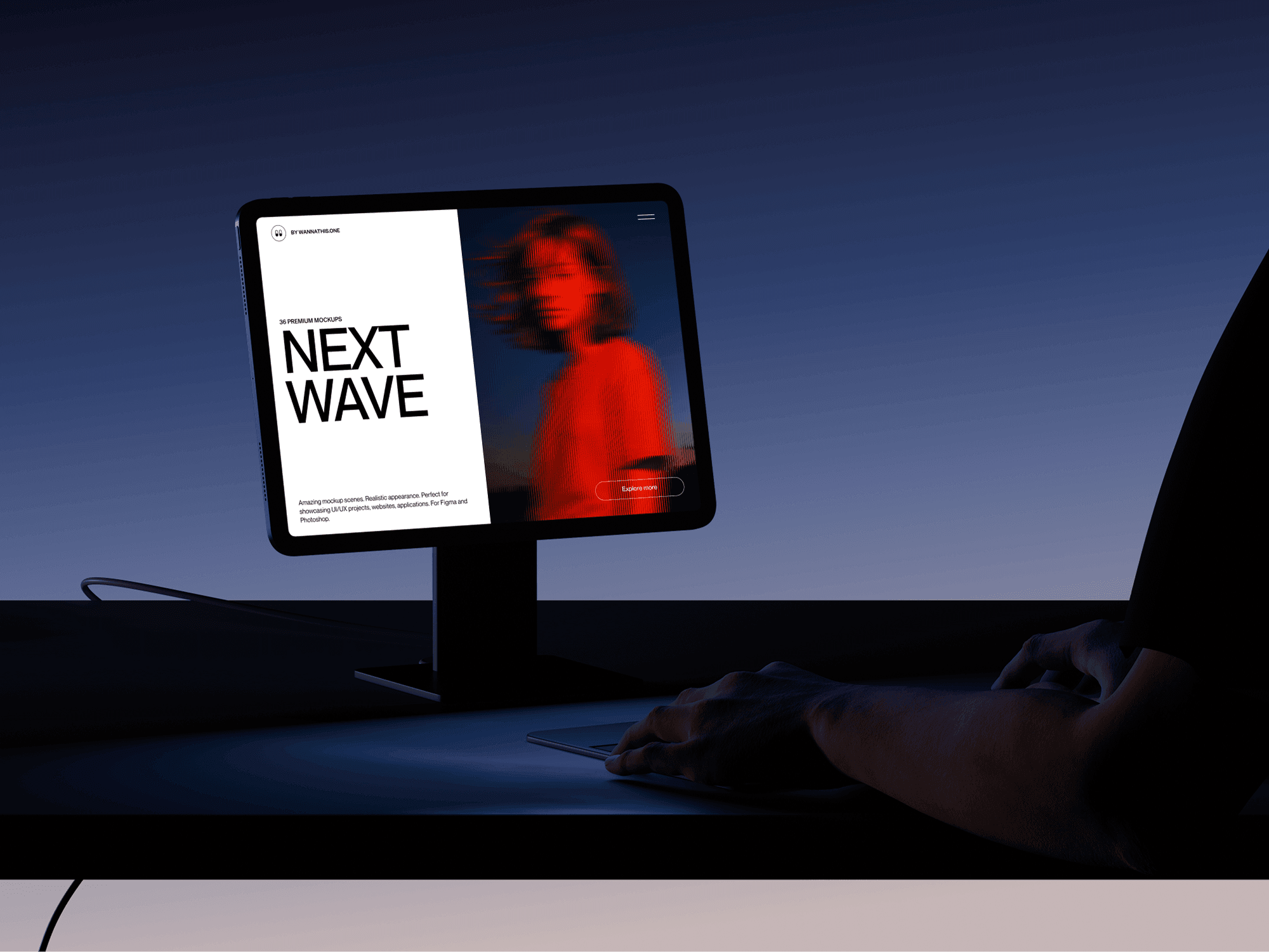 iPad placed on a desk stand with a color minimal environment