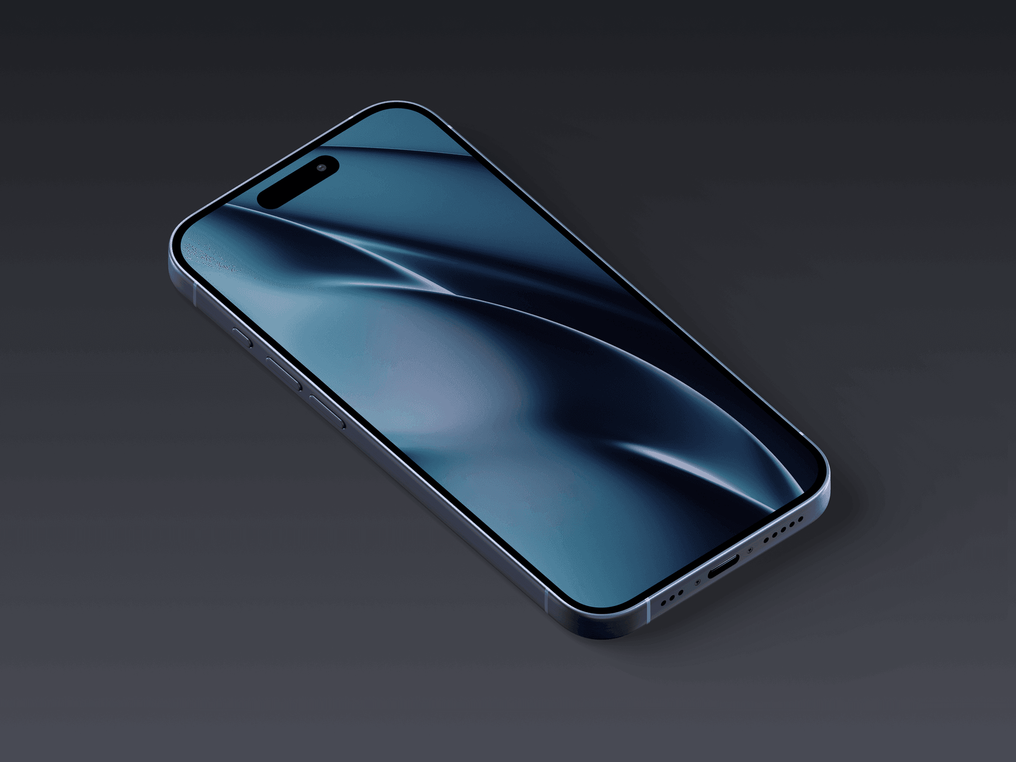 iPhone 15 Pro lying flat screen-up mockup in black titanium color