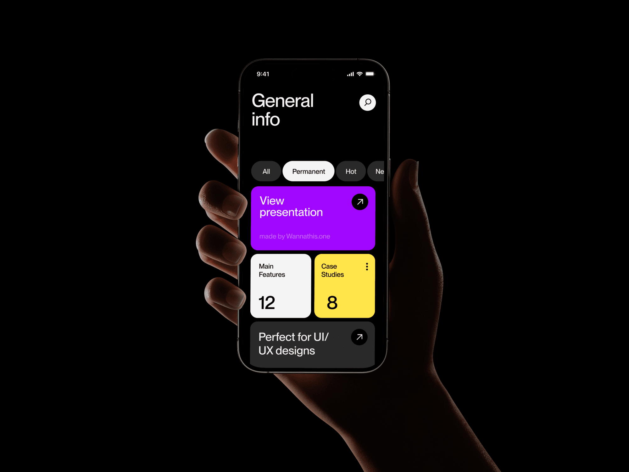 Hand presenting a smartphone against a minimal backdrop
