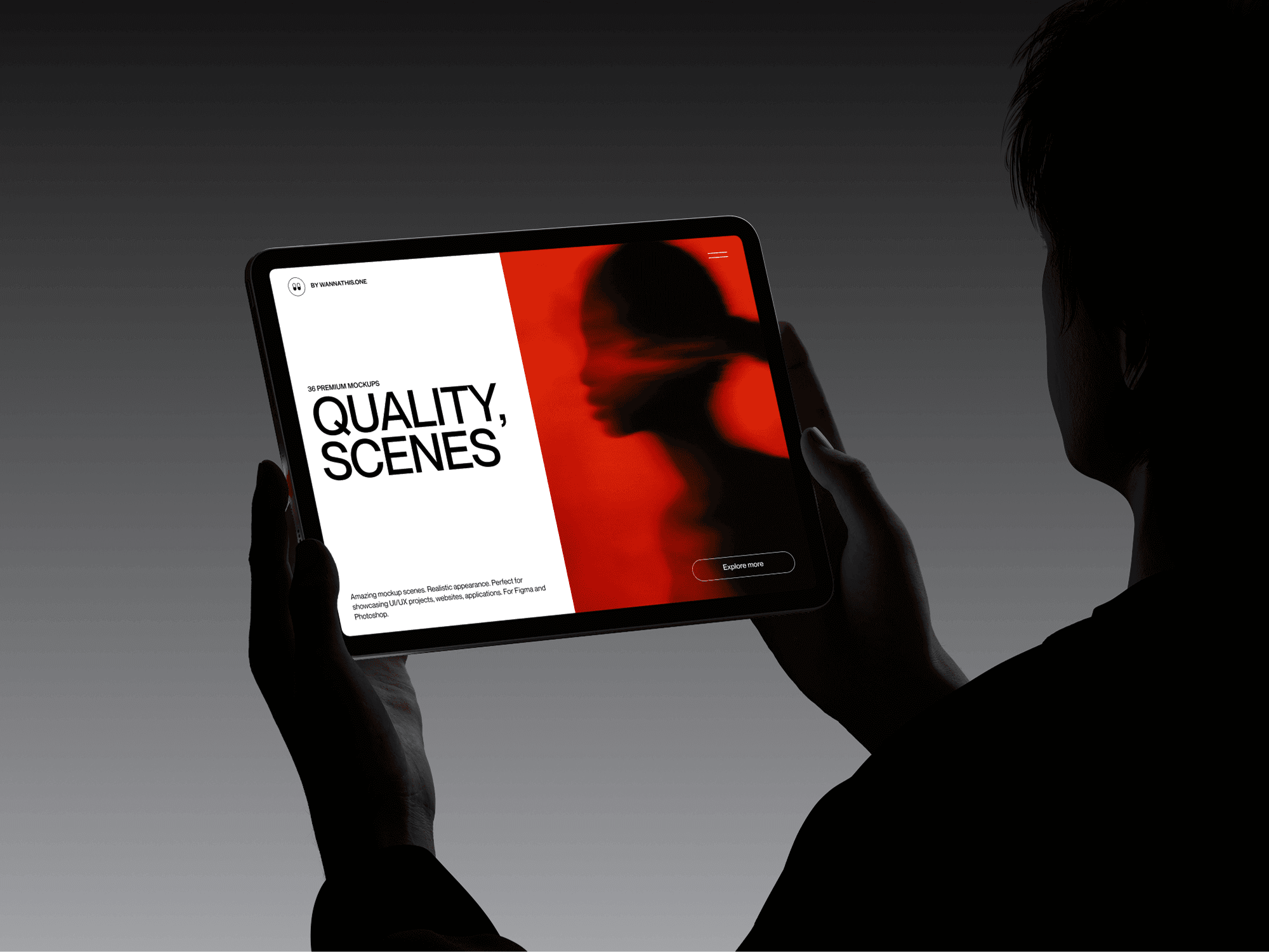 Portrait-mode iPad held in hands with dark background