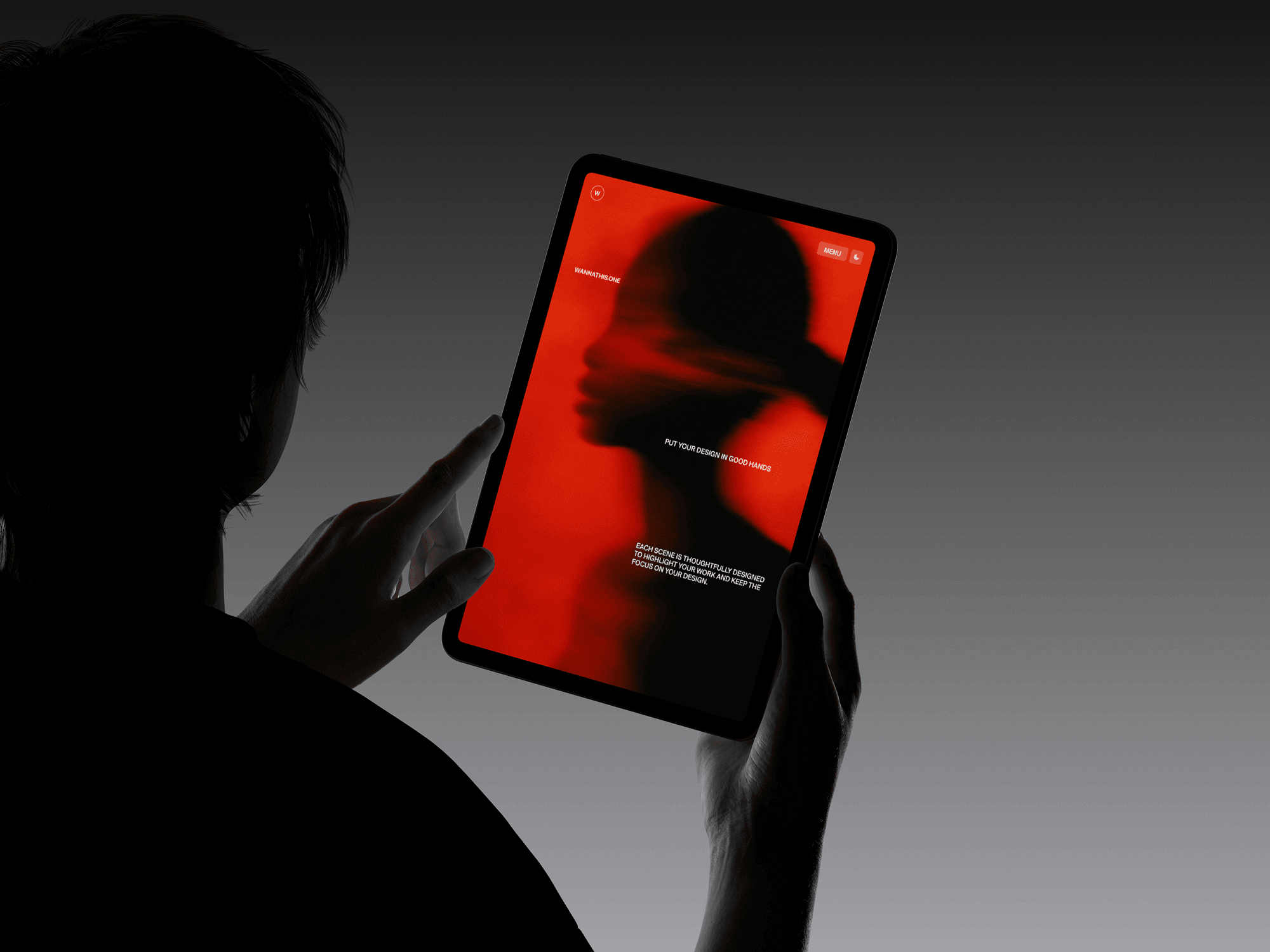 iPad mockup held in portrait mode by both hands against a clean dark minimal studio background