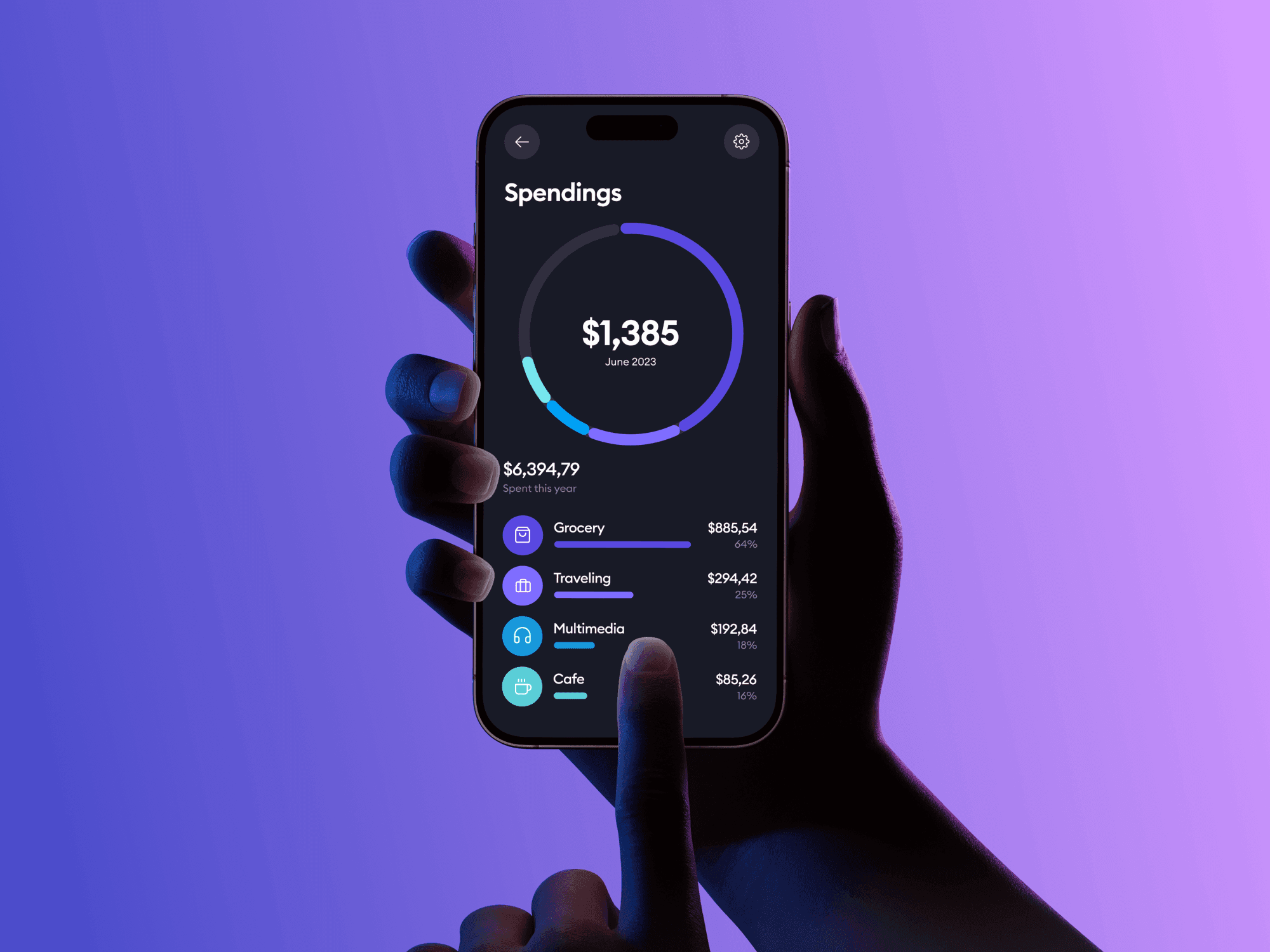 A hand presenting a smartphone against a vibrant purple gradient background, creating a futuristic ambiance.