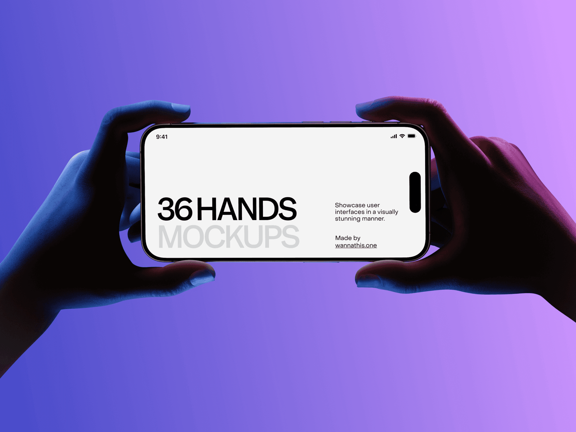 Two hands symmetrically holding a smartphone, displaying a bright and minimalistic UI.