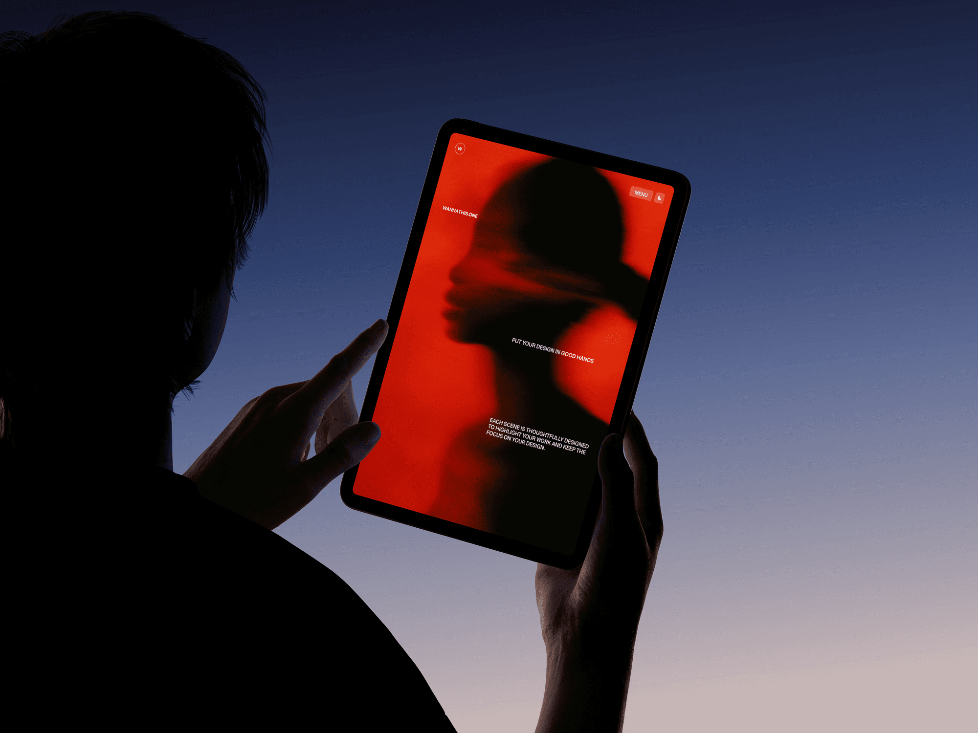 iPad mockup held in portrait mode by both hands against a vivid color minimal studio background