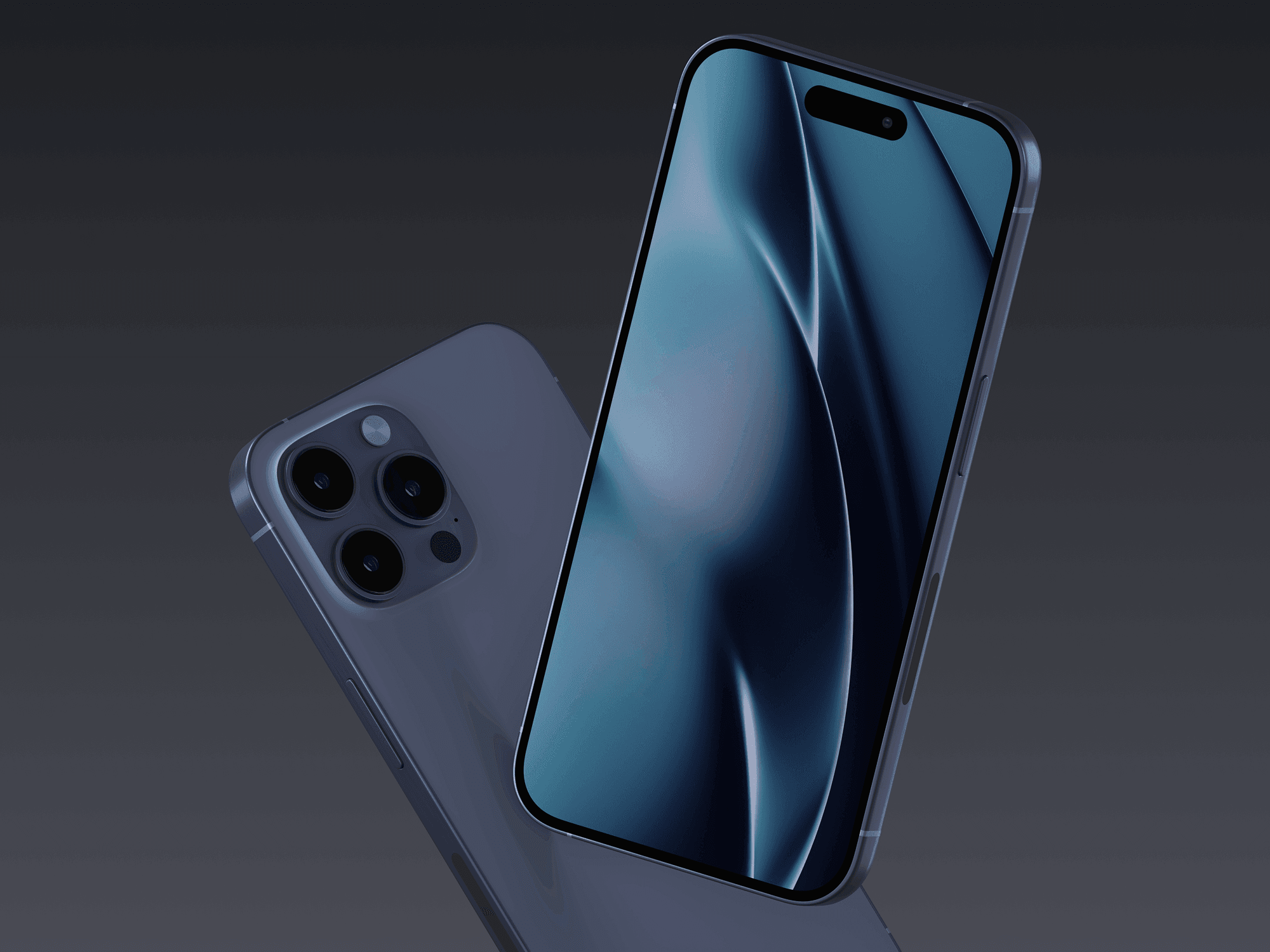 iPhone 15 Pro floating with back and front mockup in black titanium color