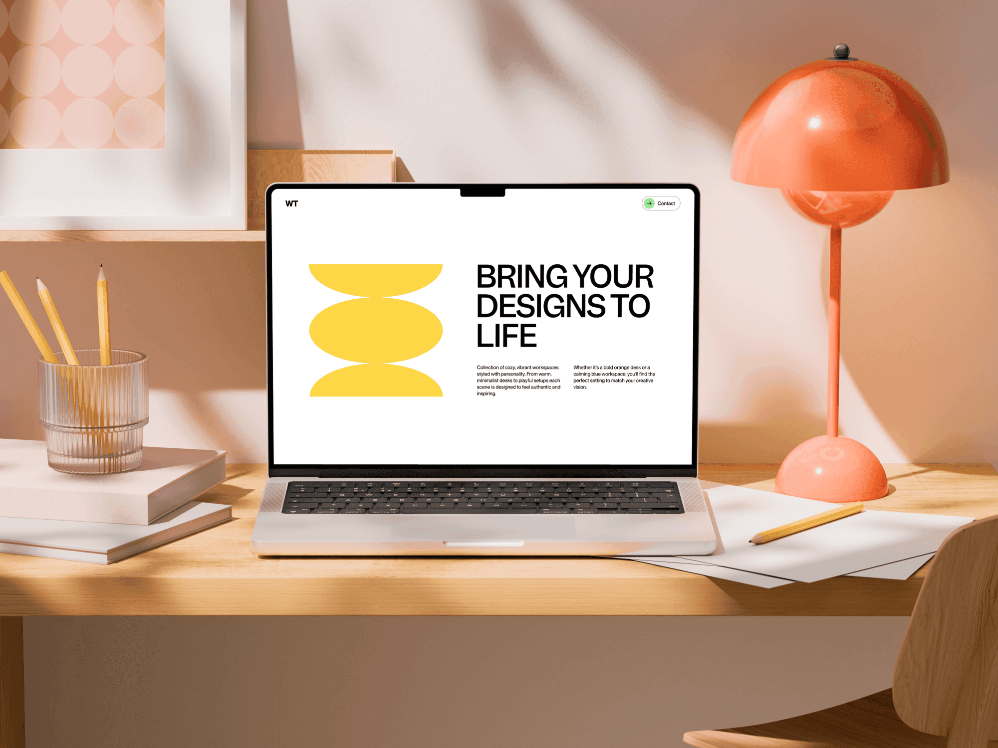 Workspace MacBook Pro mockup in a cozy desk setting