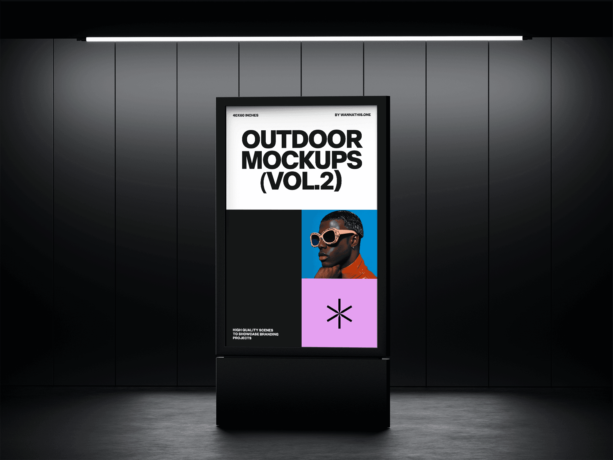 Standing outdoor advertising board mockup in a dark room