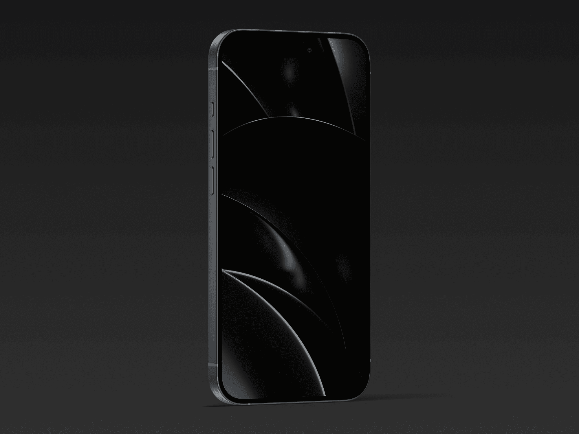 Side angle of iPhone 15 Pro in black with dark abstract wallpaper