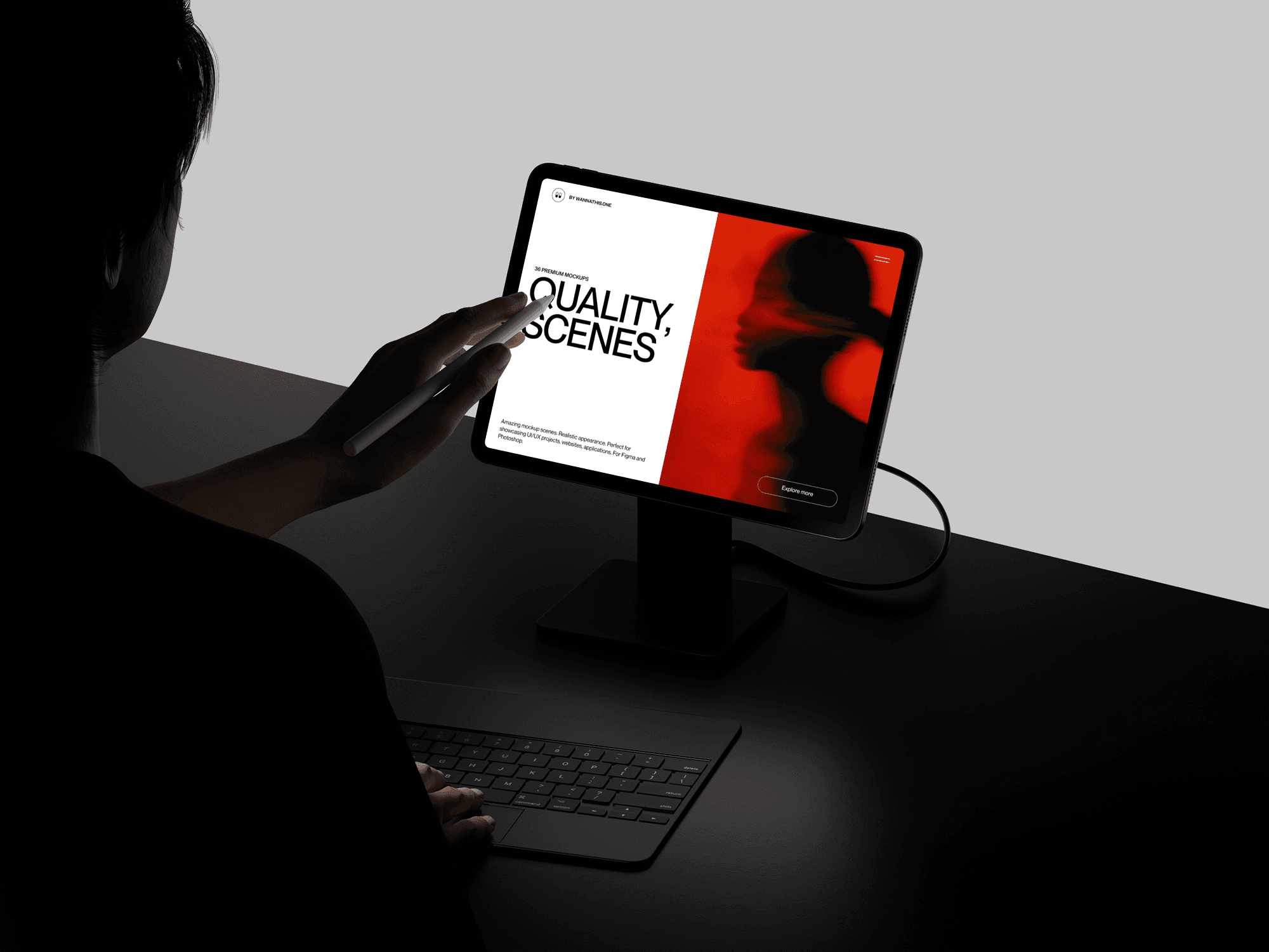 iPad mockup held in hands against a clean light minimal studio background with soft even lighting
