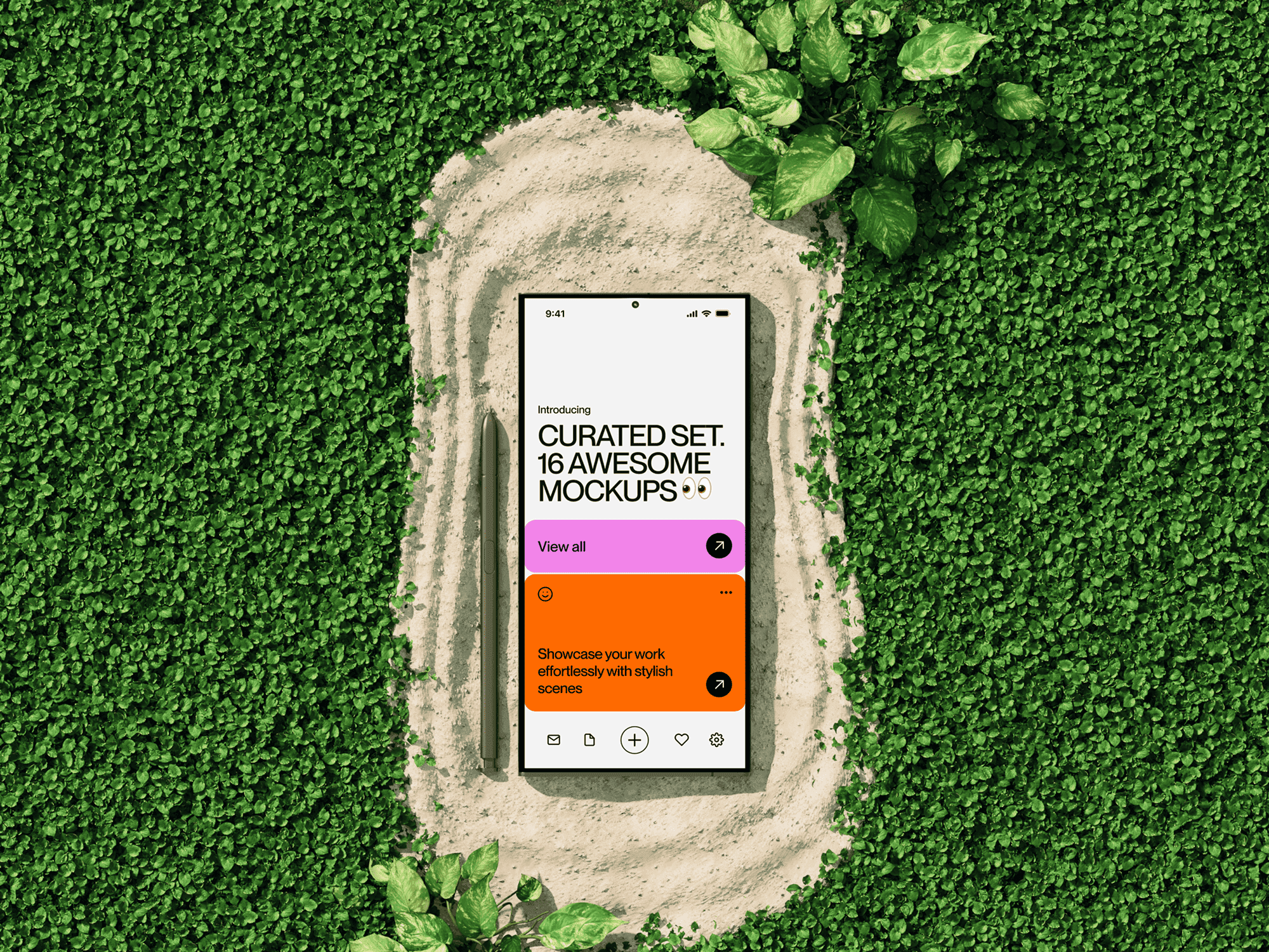 Galaxy S24 mockup on a sand patch surrounded by green leaves.