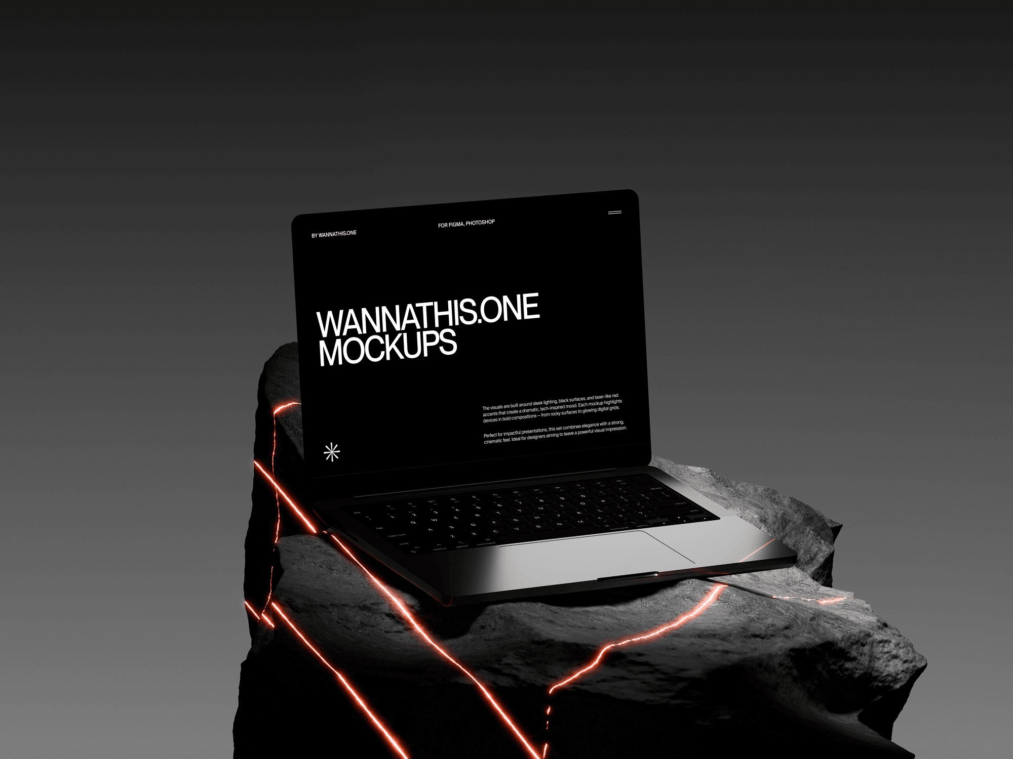 Laptop mockup placed on a dark rock pedestal with red laser accents