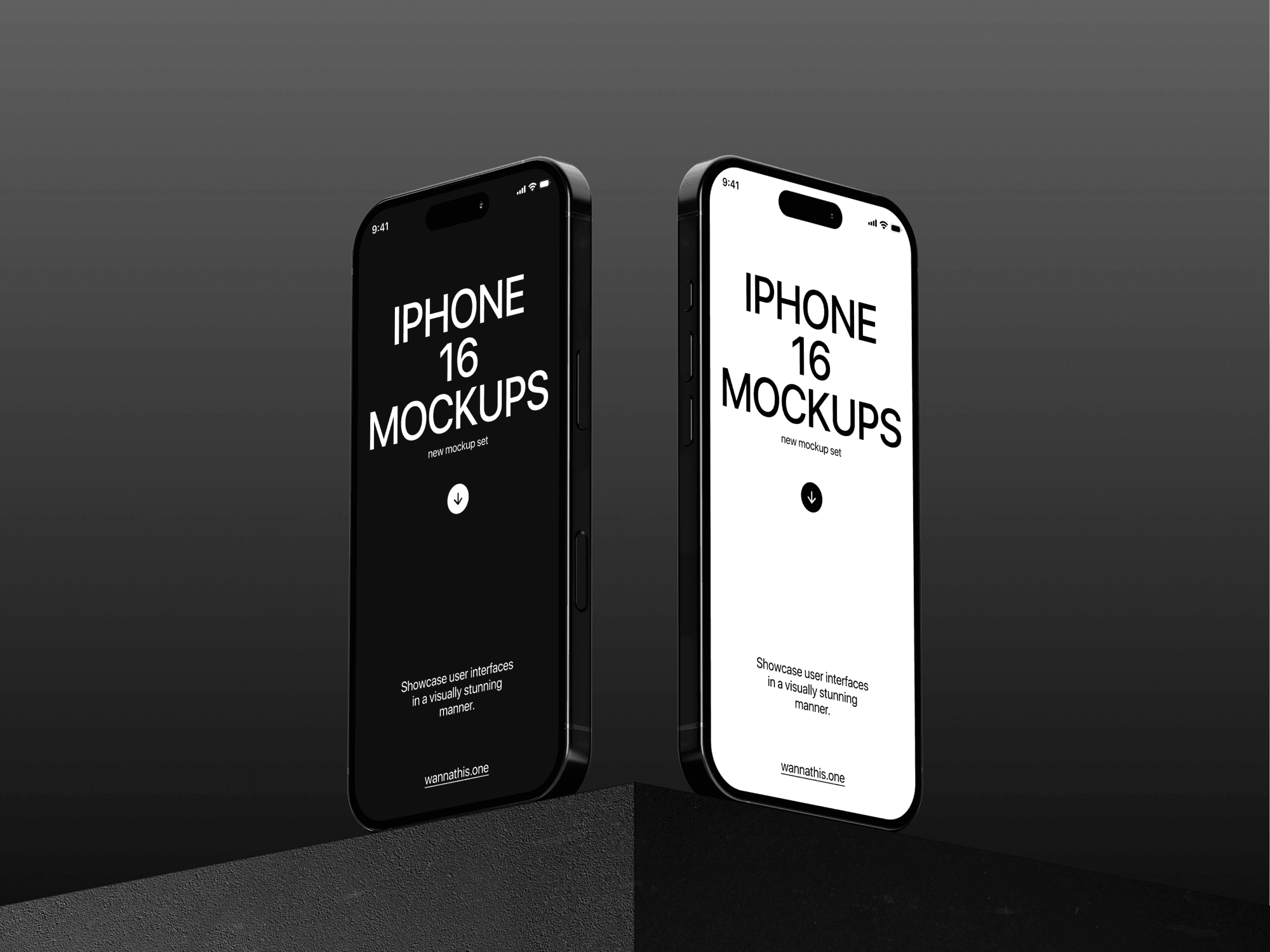 Two iPhone 16 Pro mockups standing on a simple geometric platform