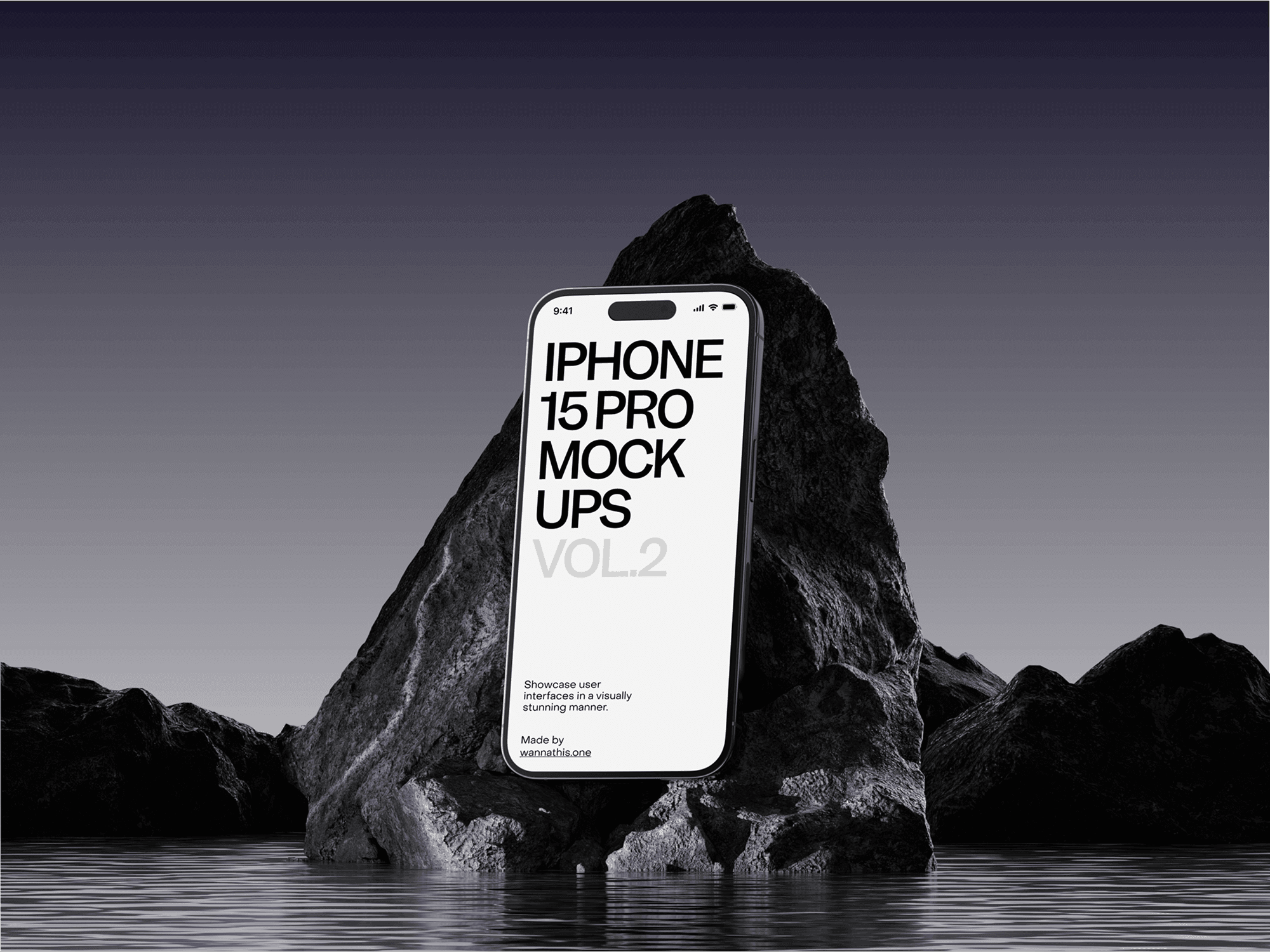 iPhone 15 Pro mockup on a rocky landscape