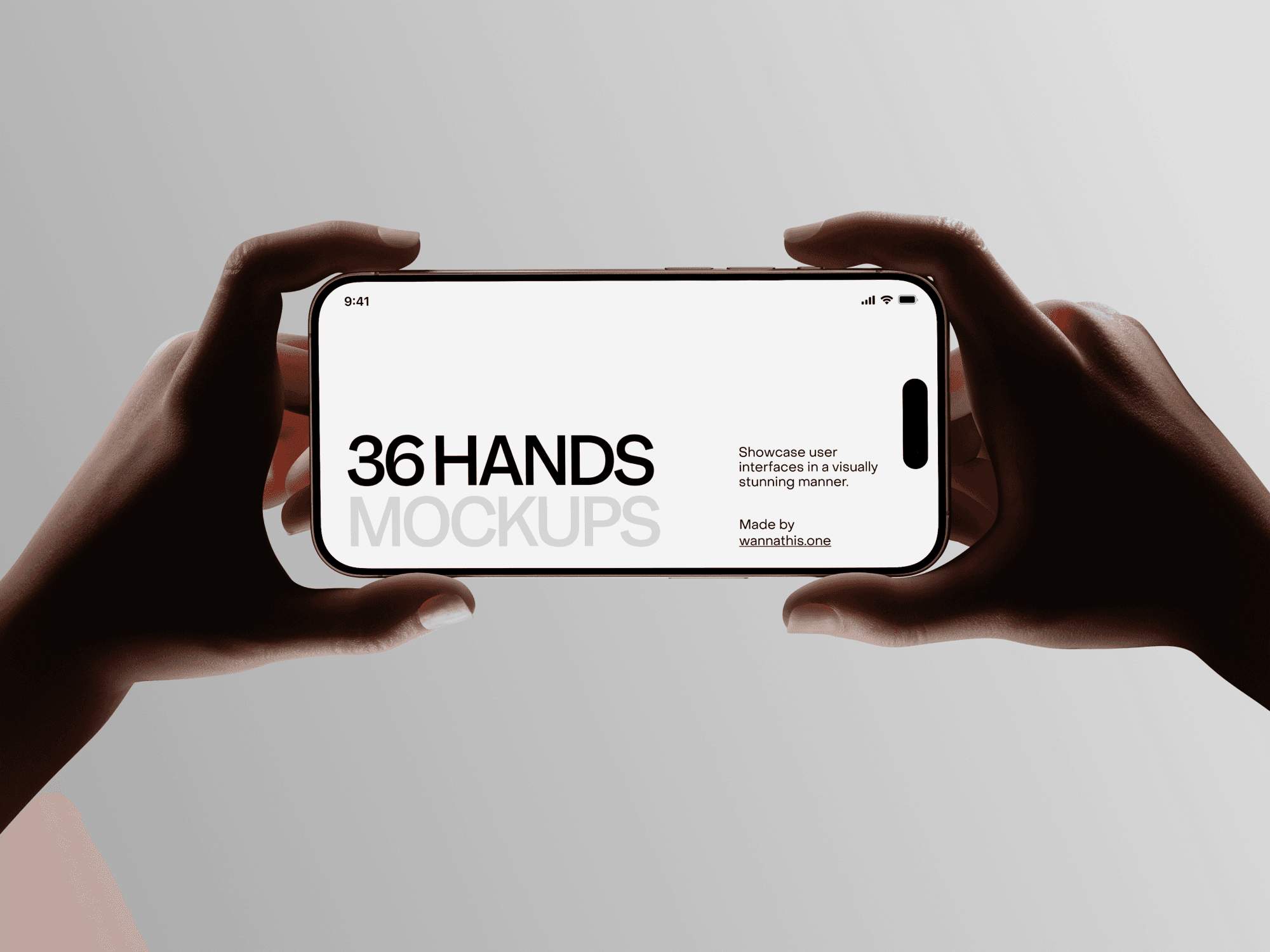 Two hands holding an iPhone in landscape mode against a neutral background