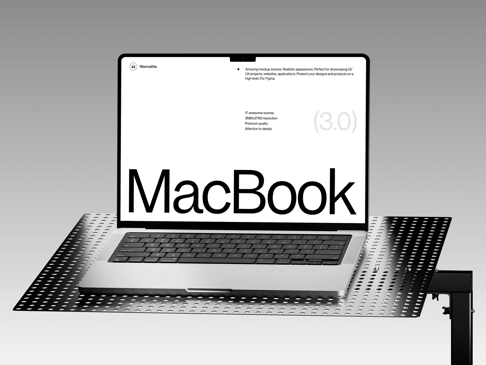 Front view of a MacBook Pro mockup on a perforated metal panel