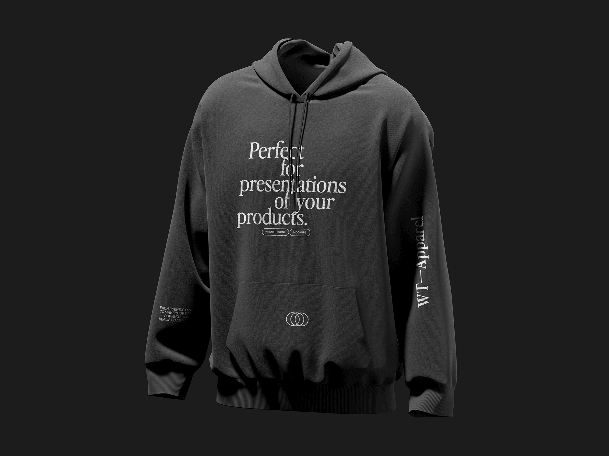 A black hoodie mockup displayed against a dark background.