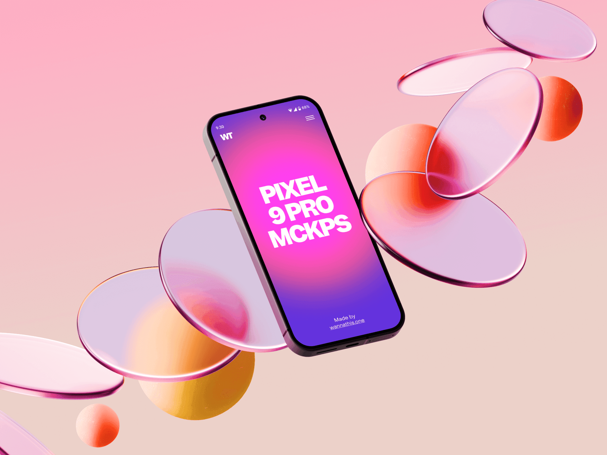 Floating Google Pixel 9 Pro mockup with vibrant pink reflections.