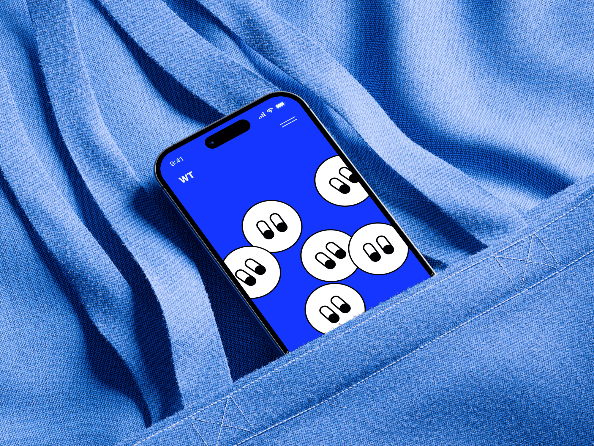 iPhone 16 mockup partially inside a blue fabric pocket.