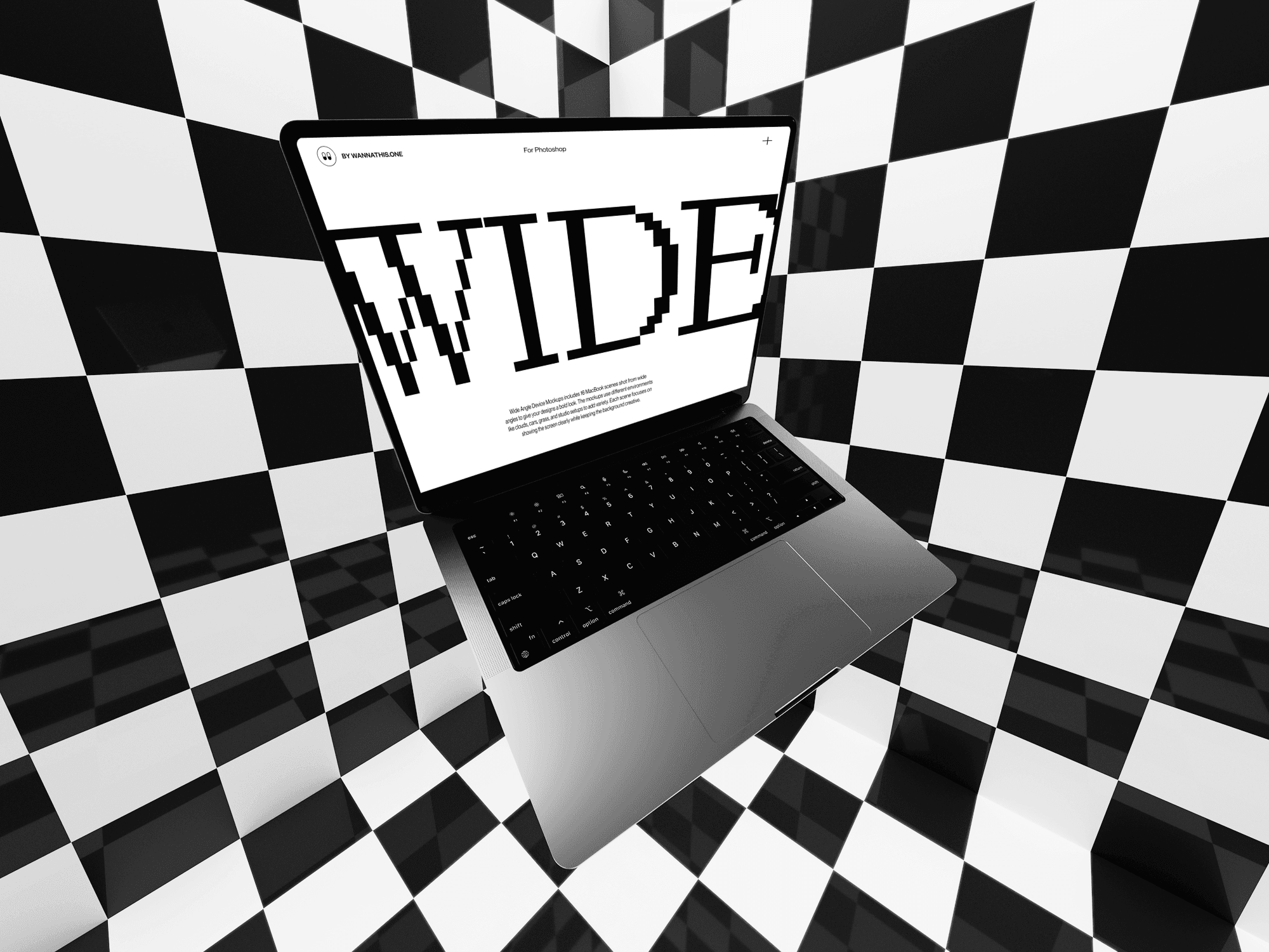 MacBook mockup over a black and white checkered floor with WIDE text