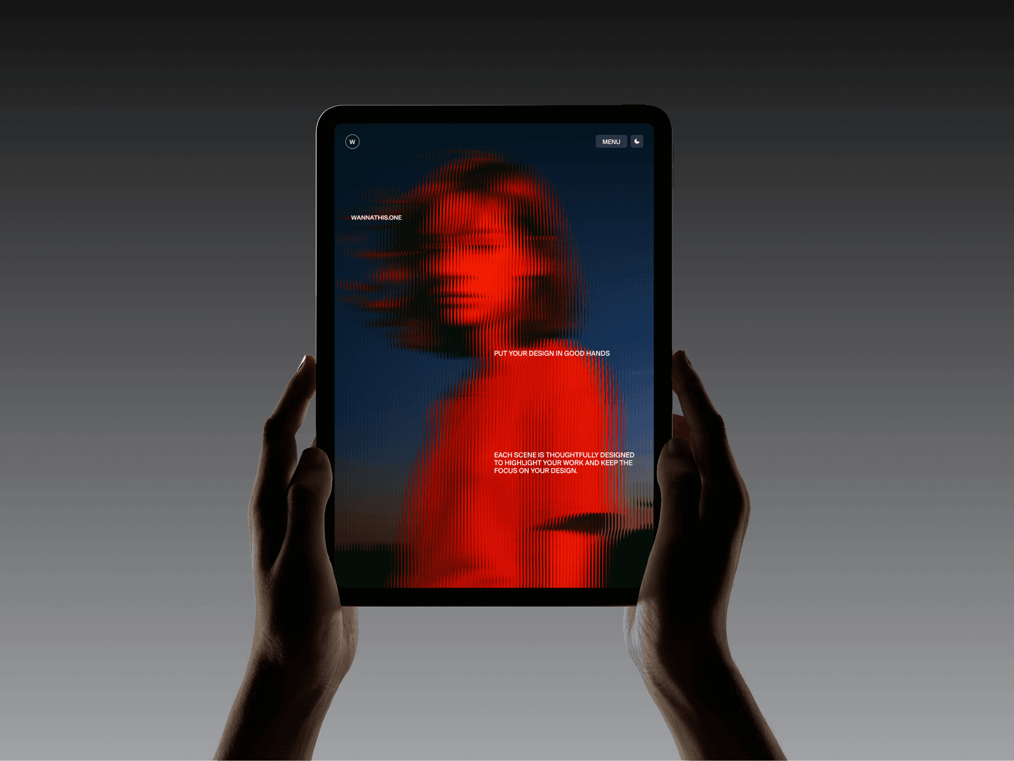 Vertical iPad mockup held with two hands in front of dark background