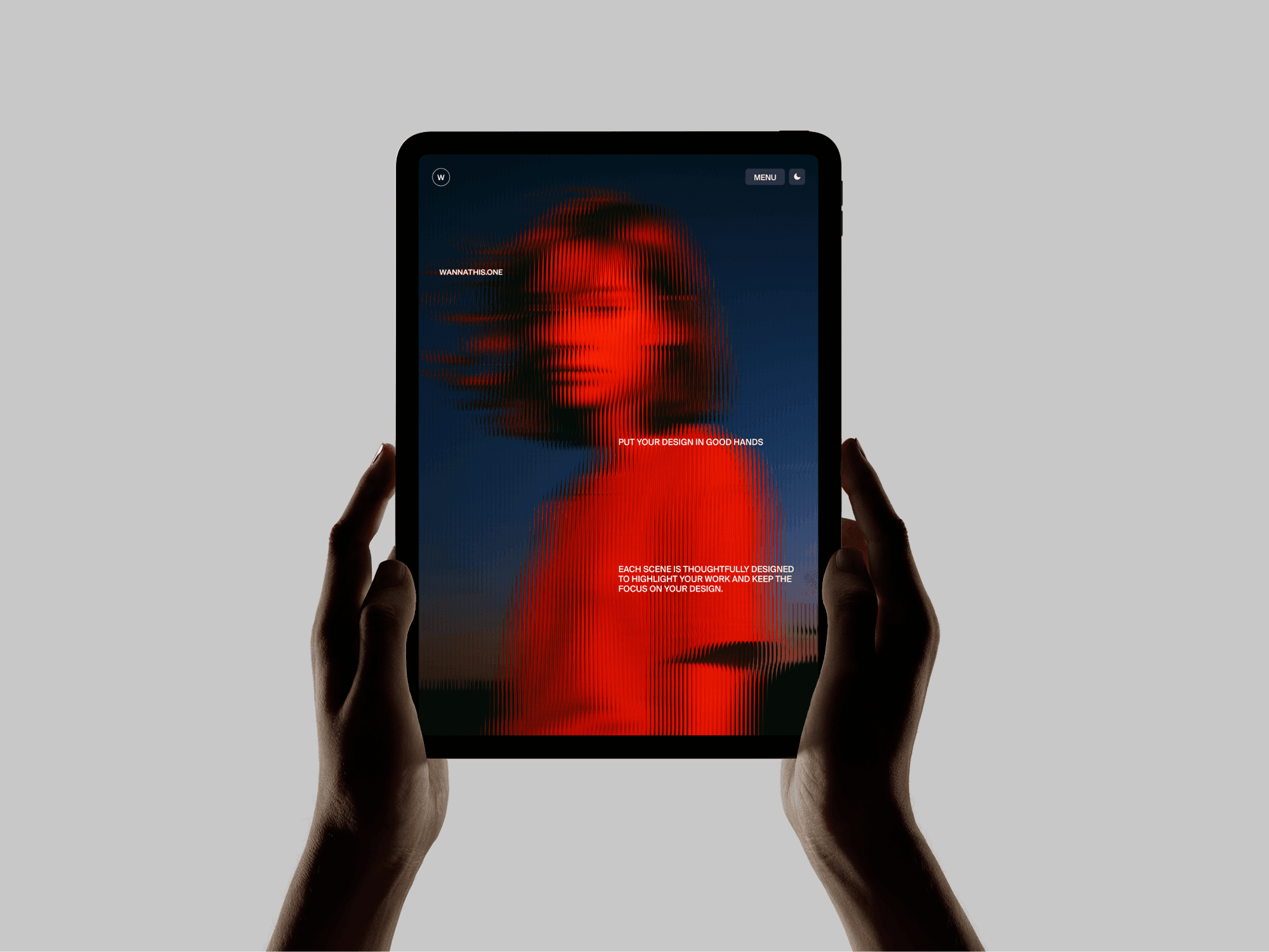 Vertical iPad mockup held with two hands in front of light background