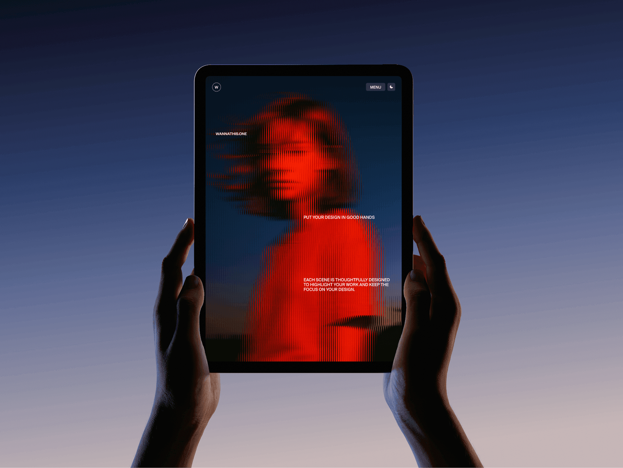Vertical iPad mockup held with two hands in front of color background