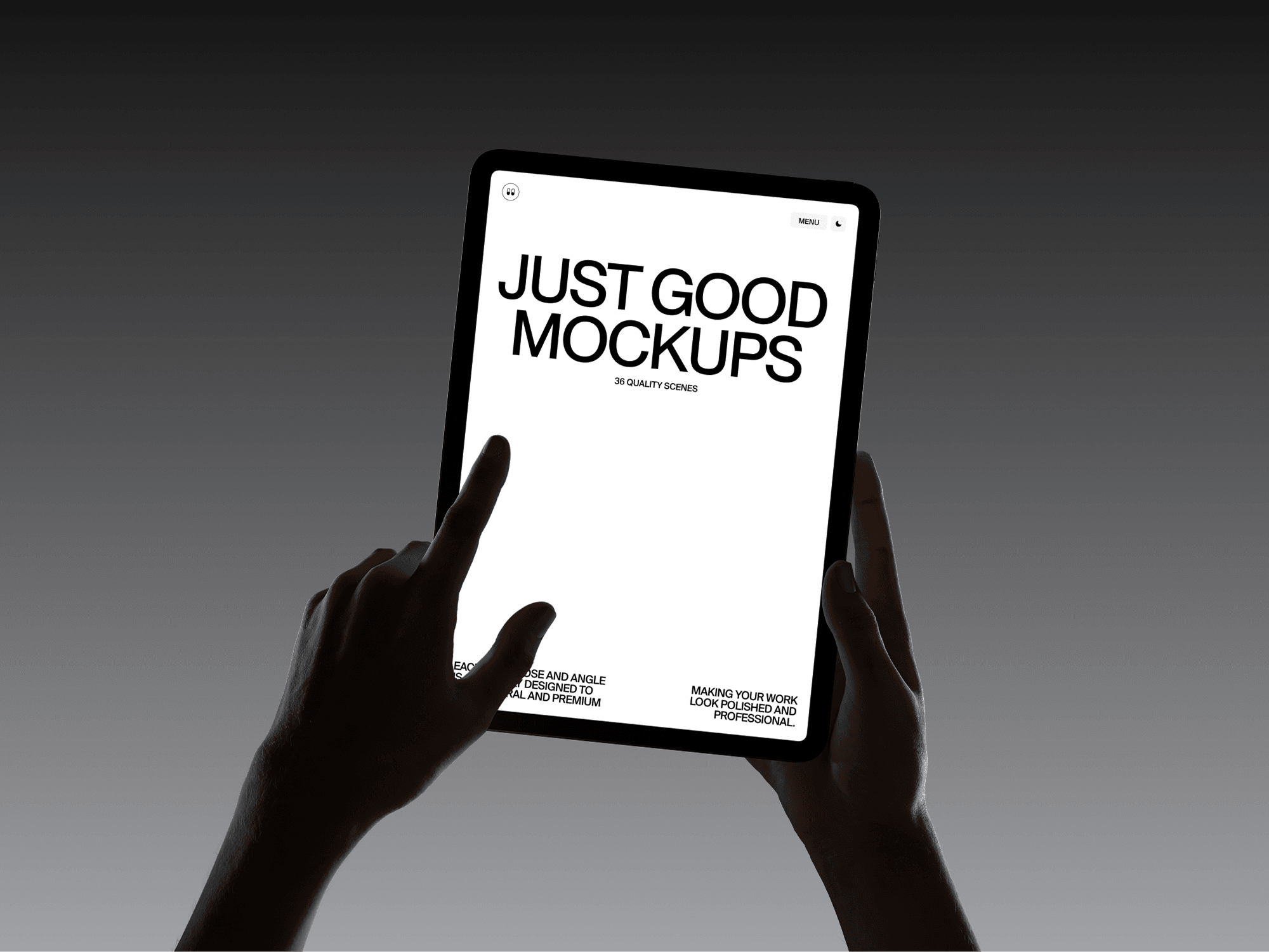iPad mockup held in hands with a clean white screen on dark background
