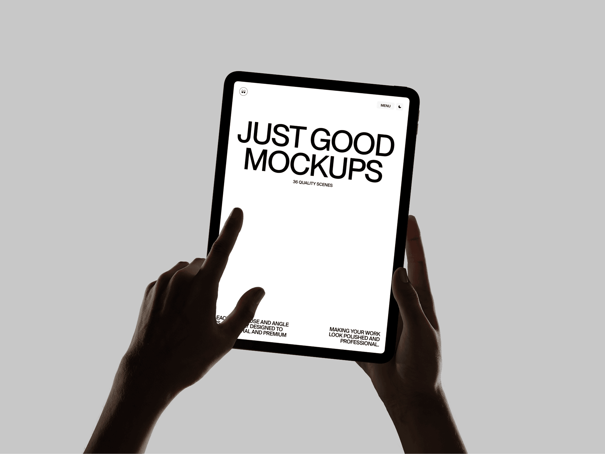 iPad mockup held in hands with a clean white screen on light background