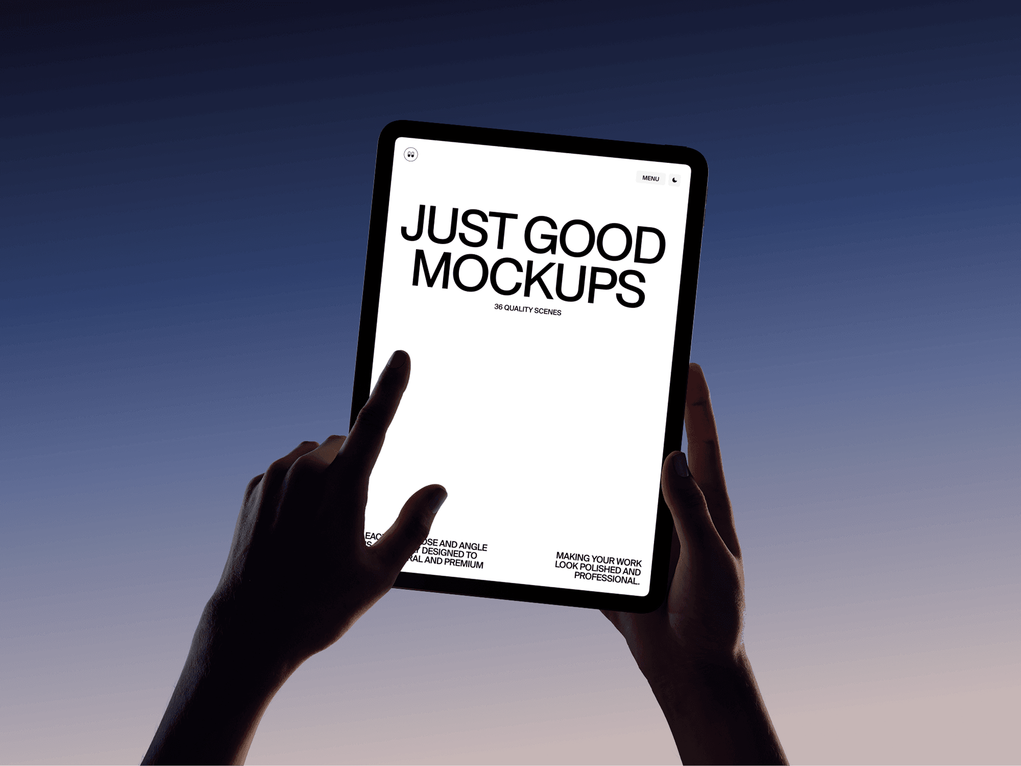 iPad mockup held in hands with a clean white screen on color background