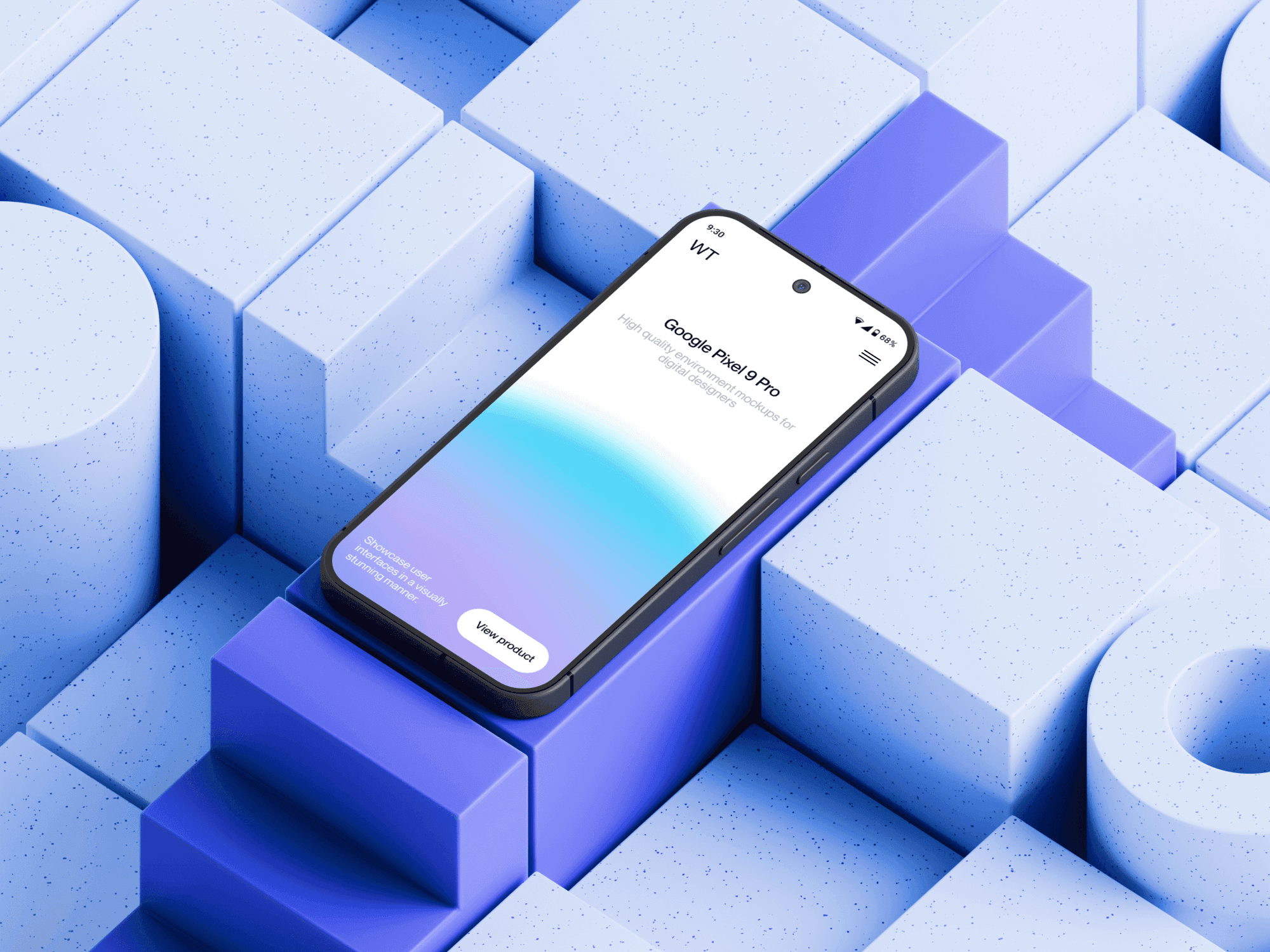 Pixel 9 Pro mockup placed on a blue abstract platform.