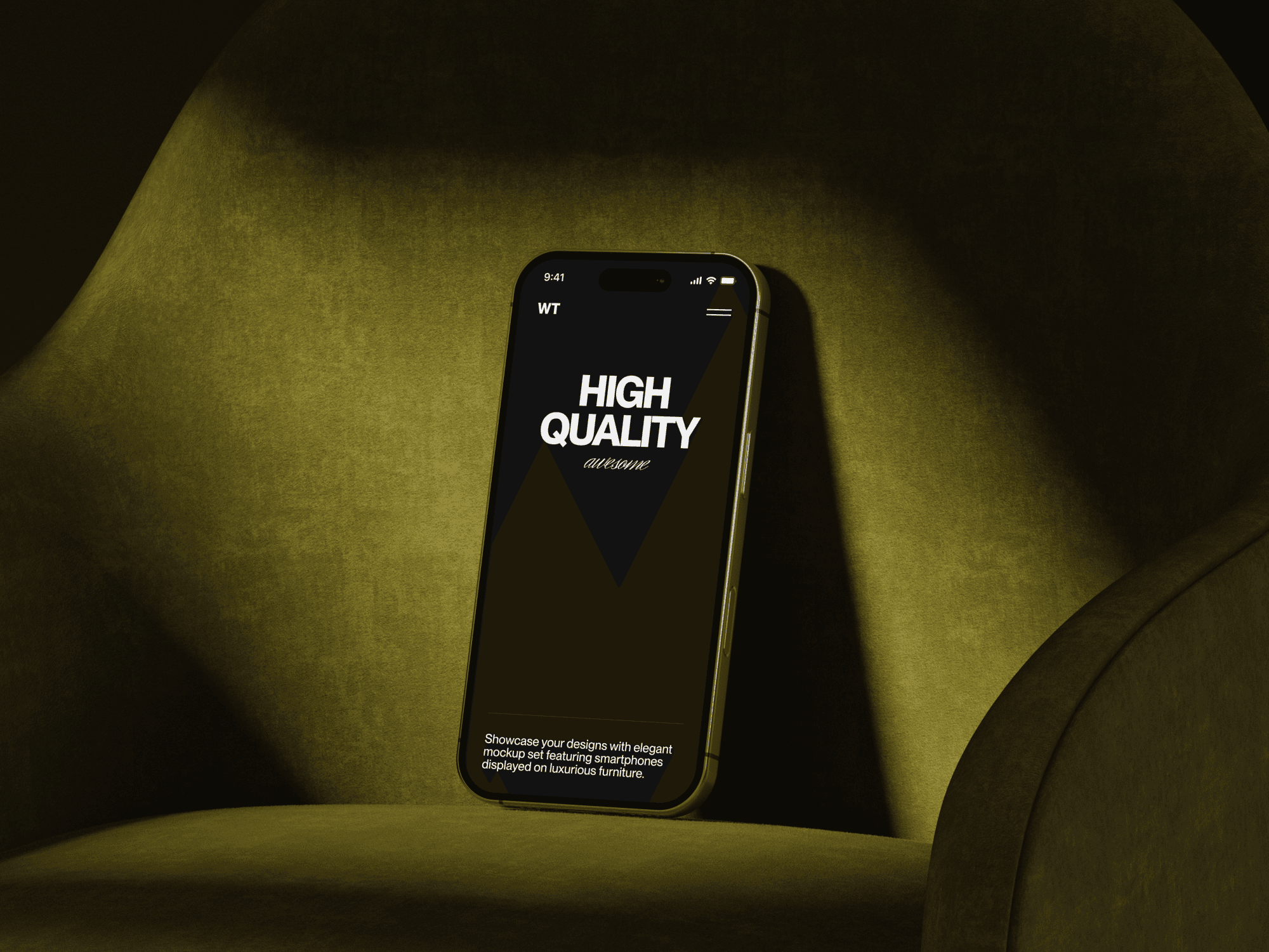 iPhone 16 mockup leaning on a green velvet chair.