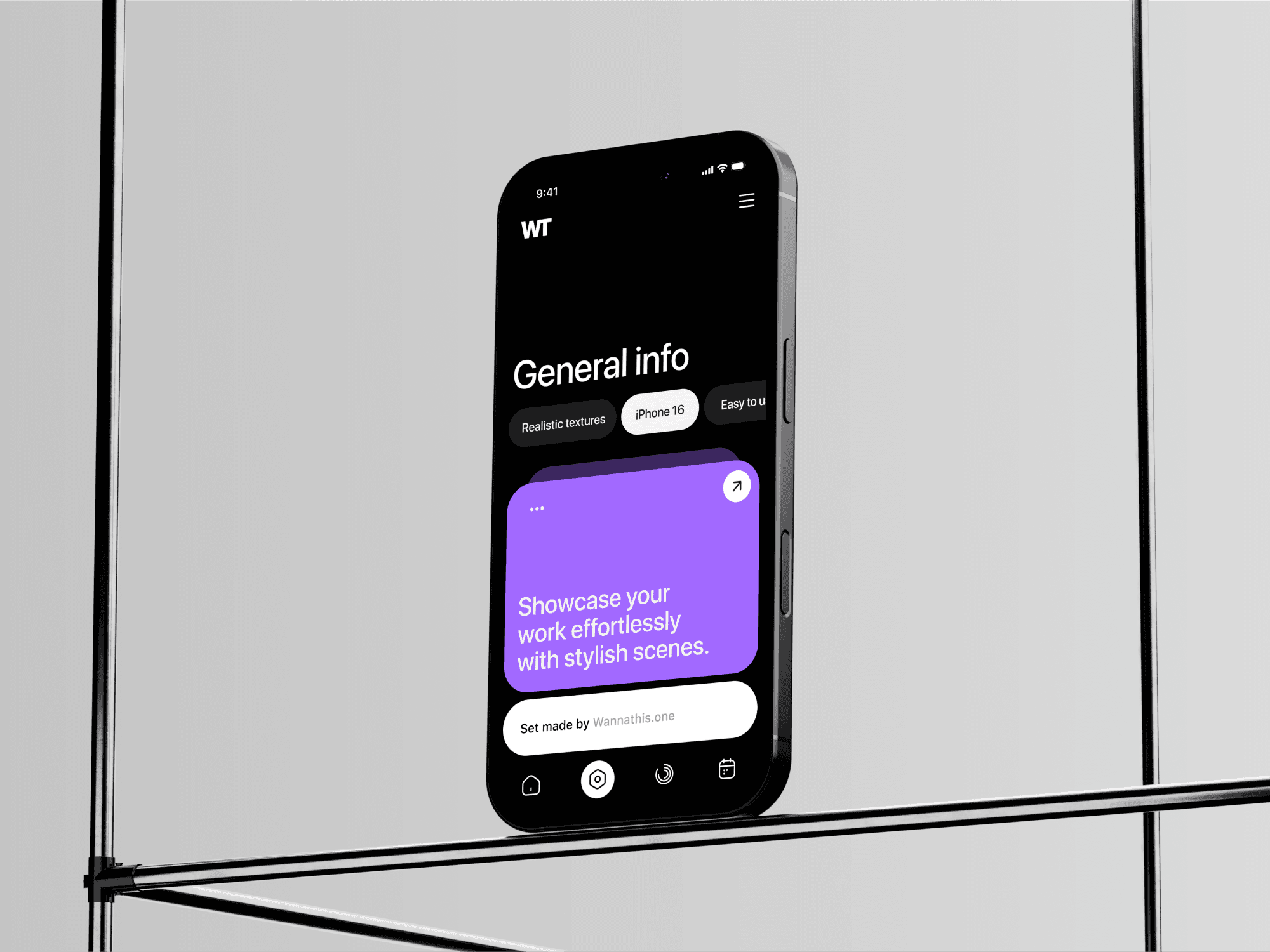 iPhone 16 Pro mockup standing on a reflective surface with clean surroundings