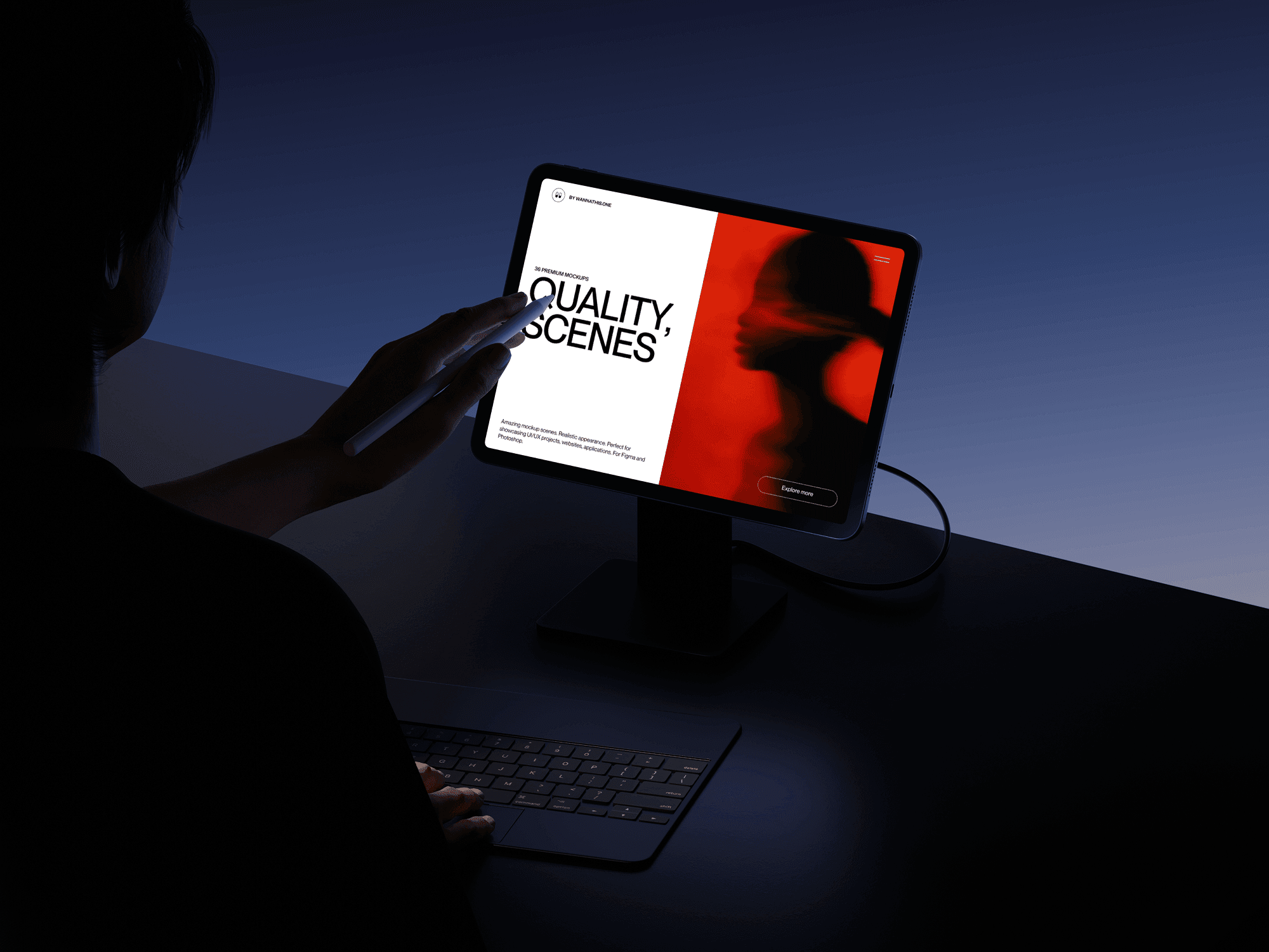 iPad mockup held in hands against a vivid minimal color studio background with directional lighting