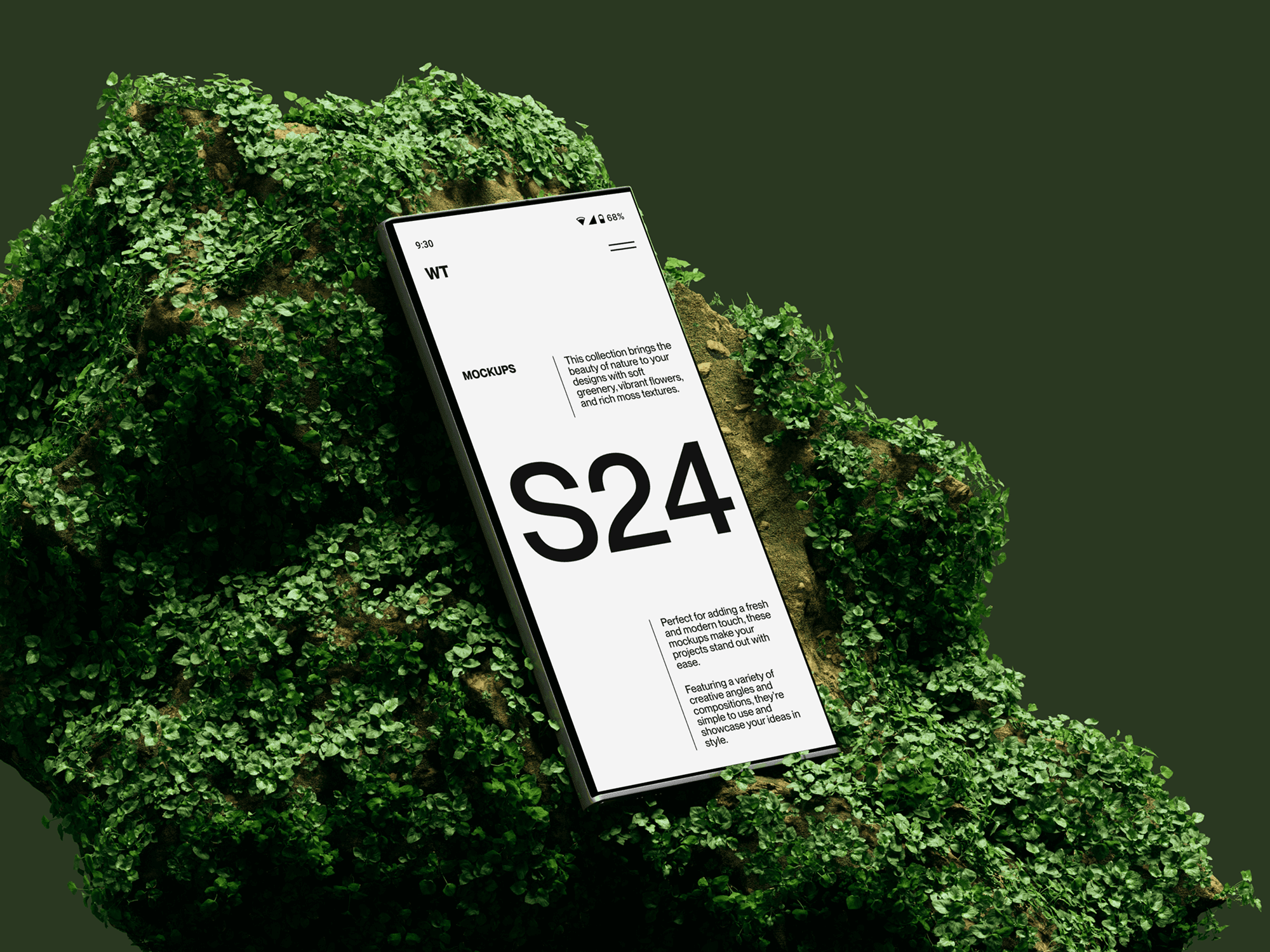 Galaxy S24 mockup resting on a moss-covered rock.