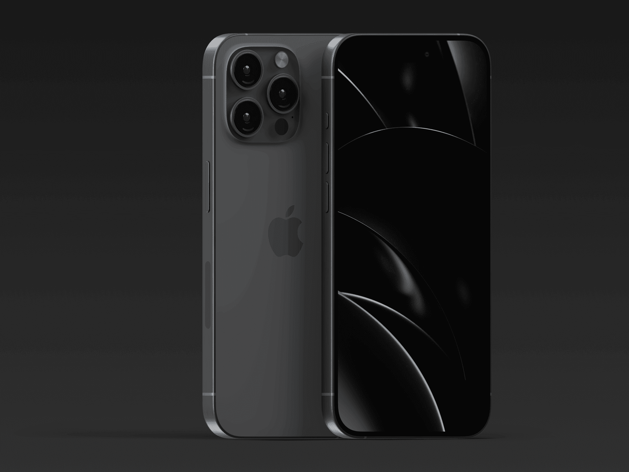 Front and back view of iPhone 15 Pro in black with dark abstract wallpaper