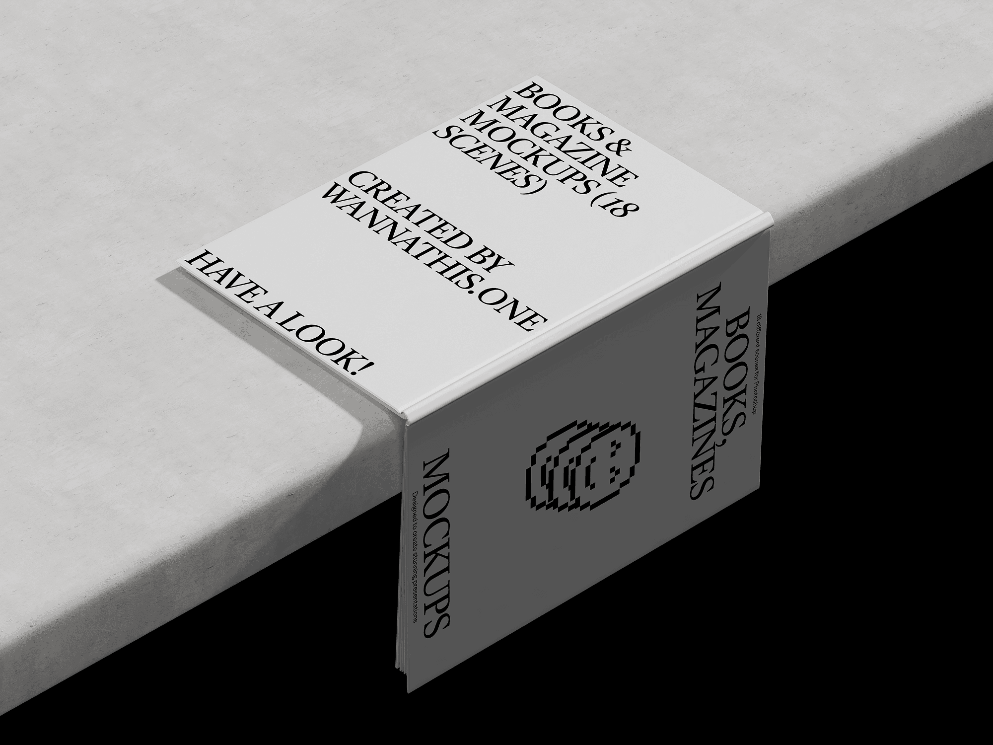 A book mockup resting on the edge of a white marble table, with its cover folded over the edge