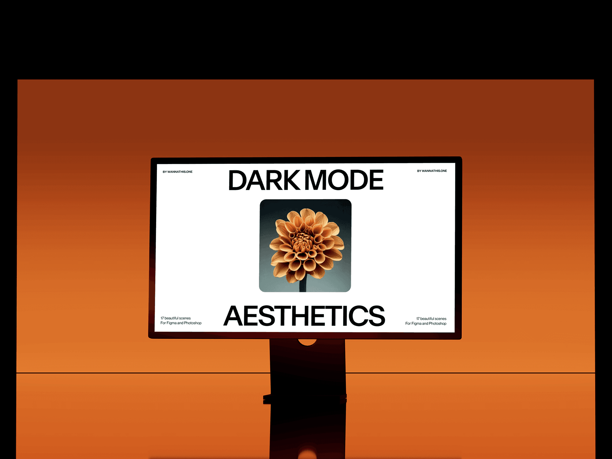 A computer monitor mockup against an orange gradient background with a minimalistic design.