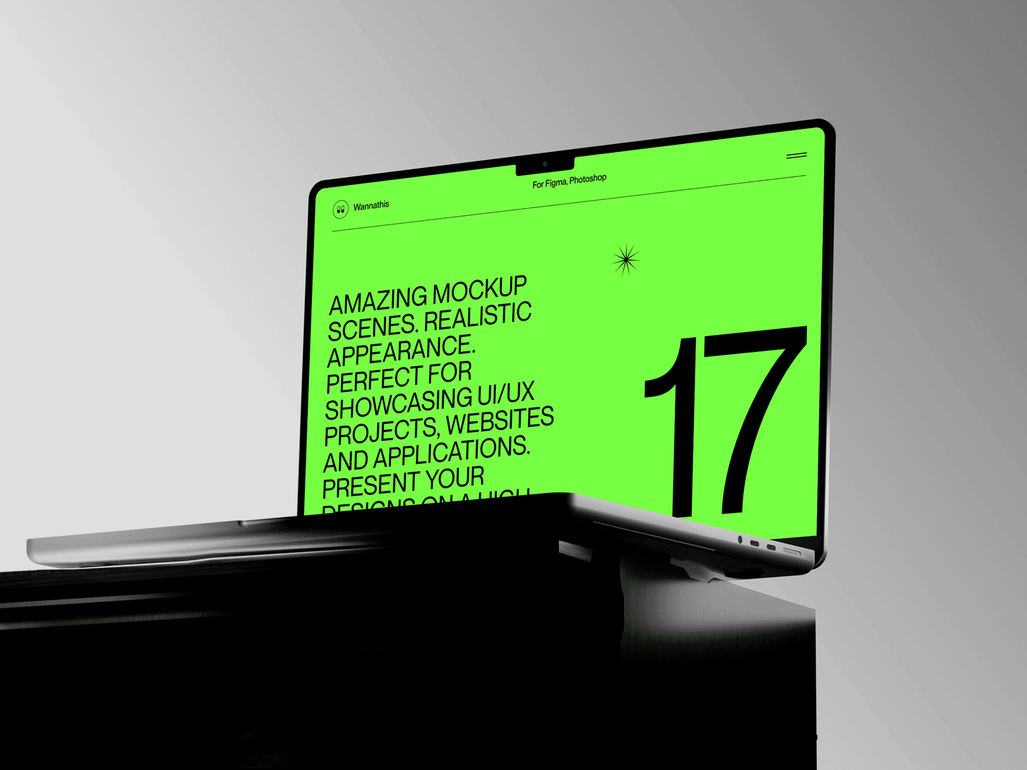 MacBook Pro mockup with green high-contrast screen on a dark surface