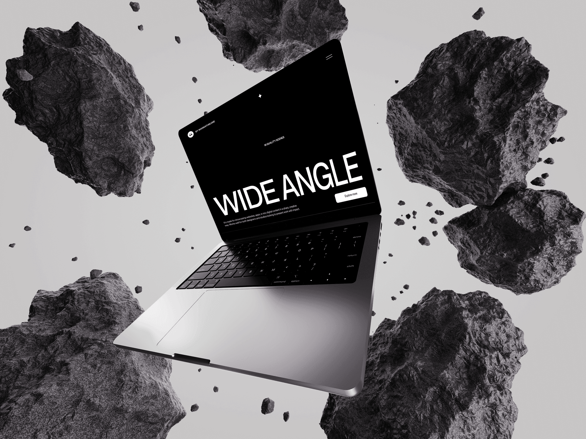 MacBook floating among asteroids with WIDE ANGLE text