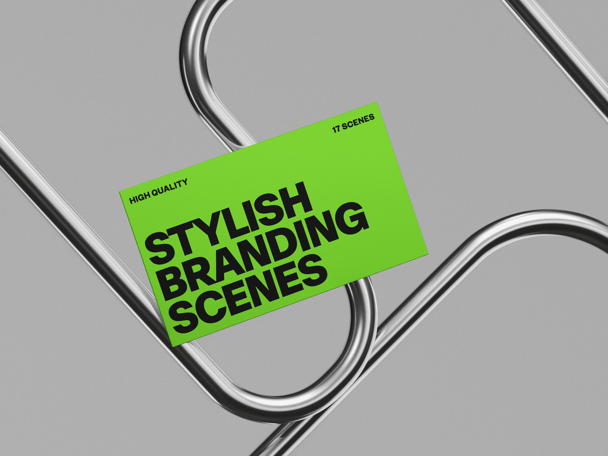 Green business card mockup floating among metallic pipes.