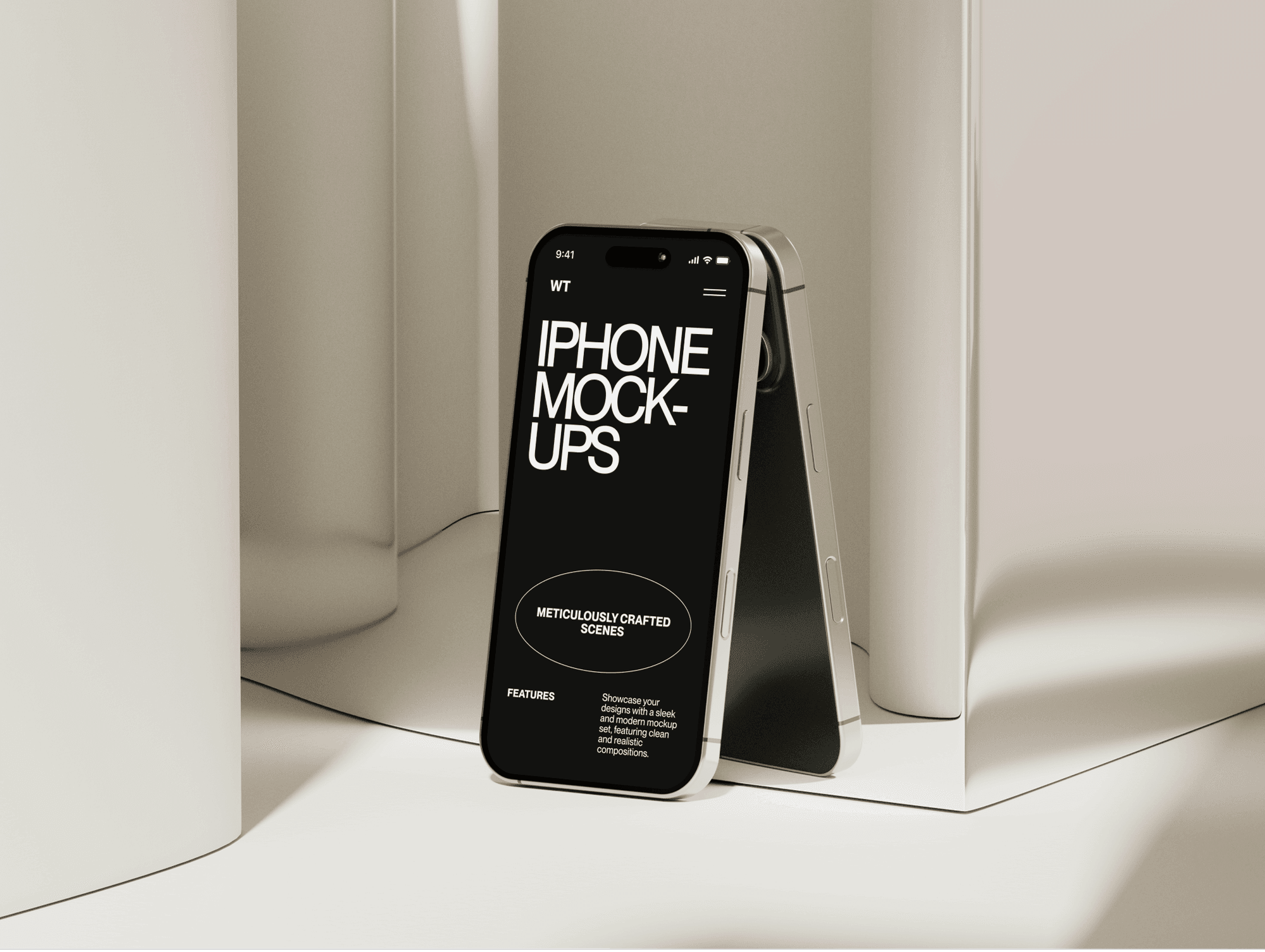 iPhone 16 mockup standing open like a foldable device in a modern setting.