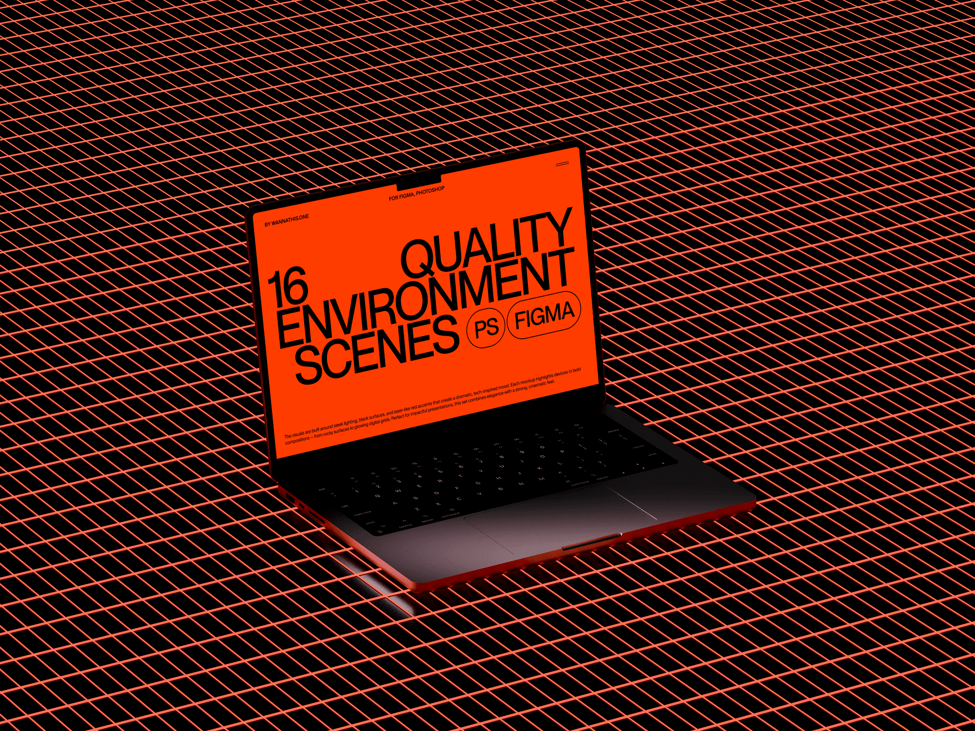 Laptop mockup resting on a glowing wireframe grid surface