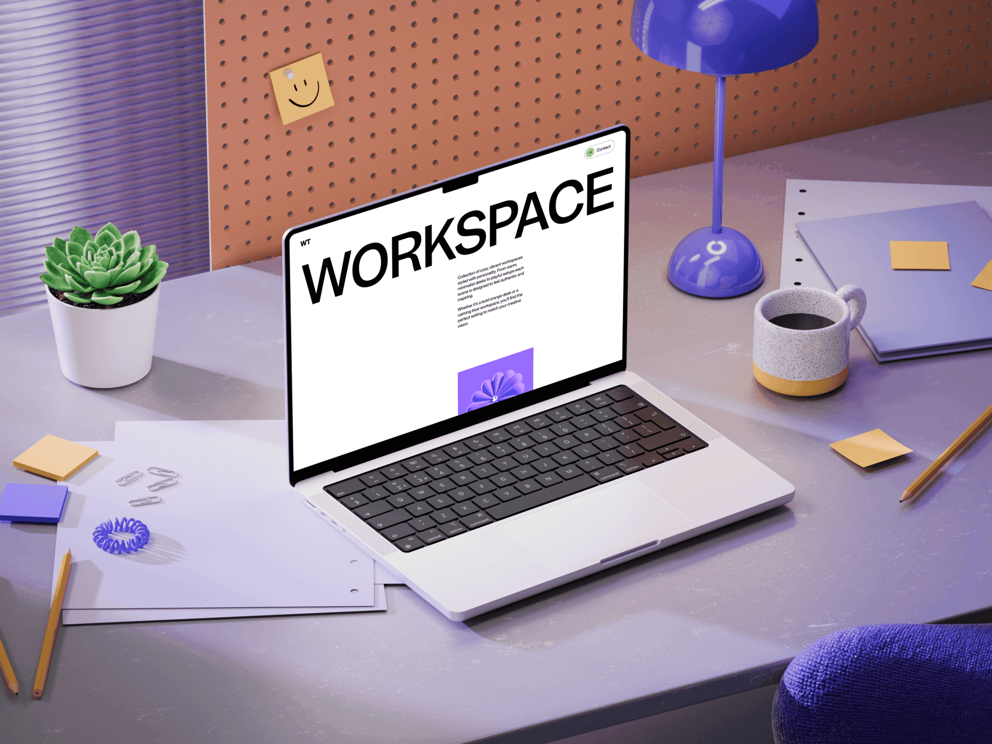 Workspace MacBook Pro mockup in a creative workspace