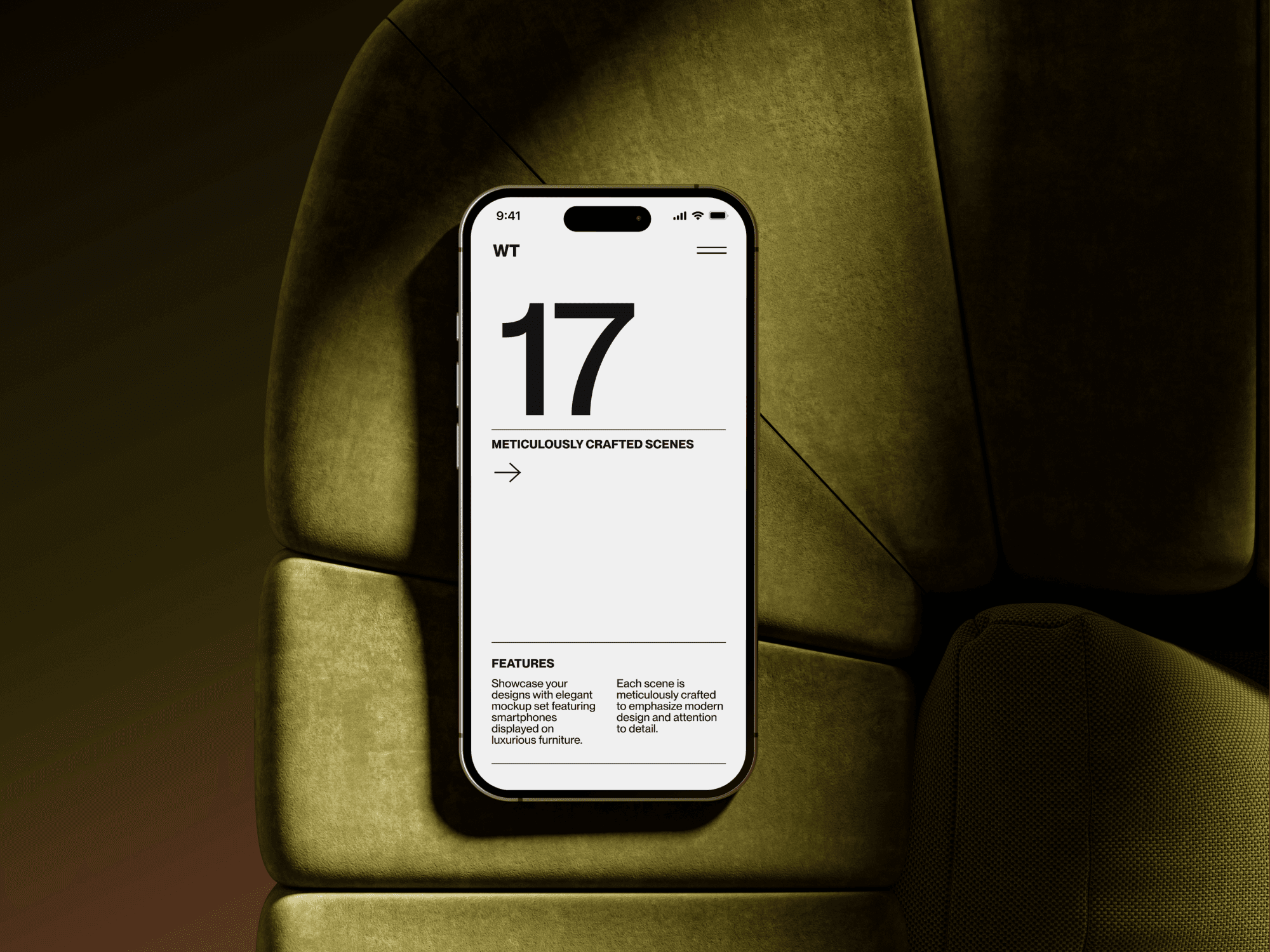 iPhone 16 mockup placed on a stylish green chair.