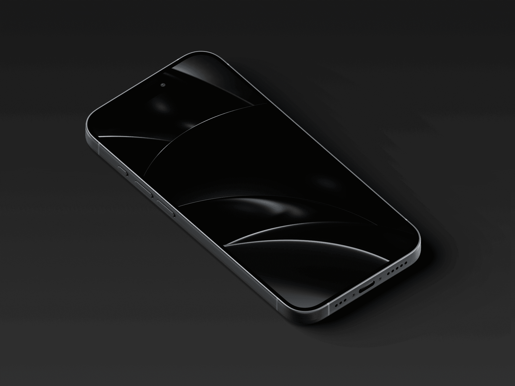 Flat lay of iPhone 15 Pro in black showing screen with dark abstract wallpaper