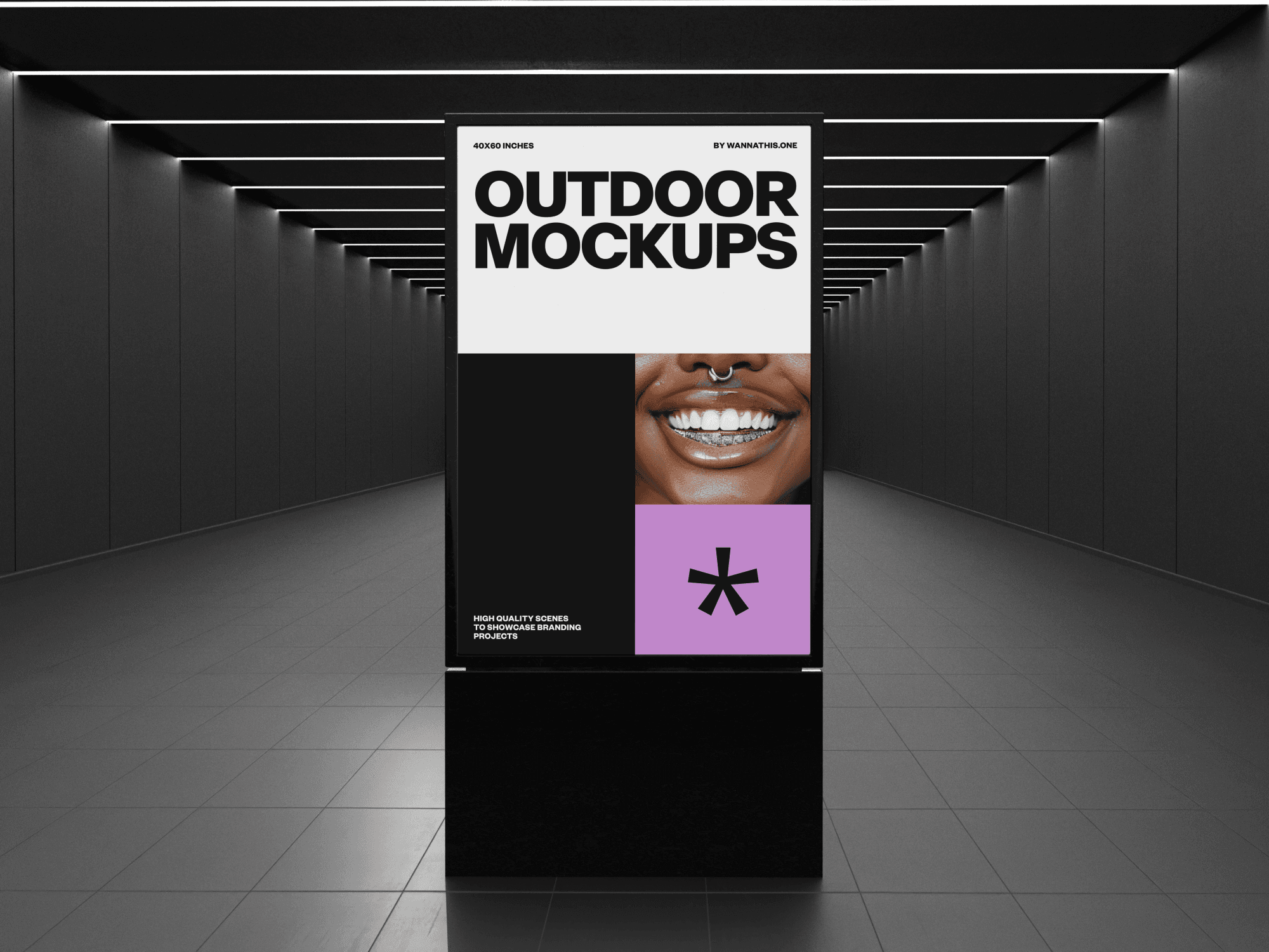 Standing billboard mockup in a dark hallway
